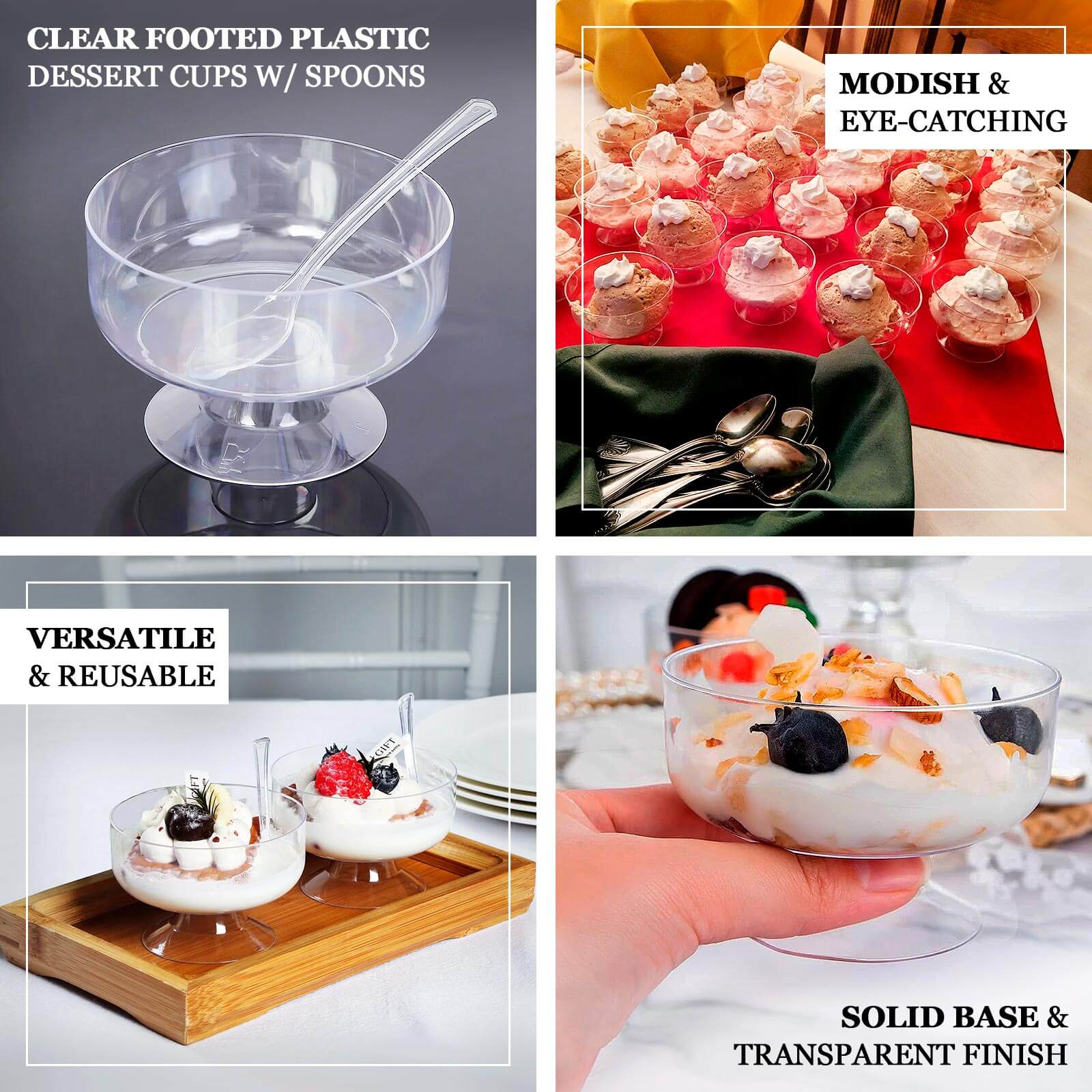 24-Pack Crystal Clear Footed Plastic Dessert Cups 6oz, Tasting Spoon Set Included - Disposable Appetizer Parfait Cups - Image 4