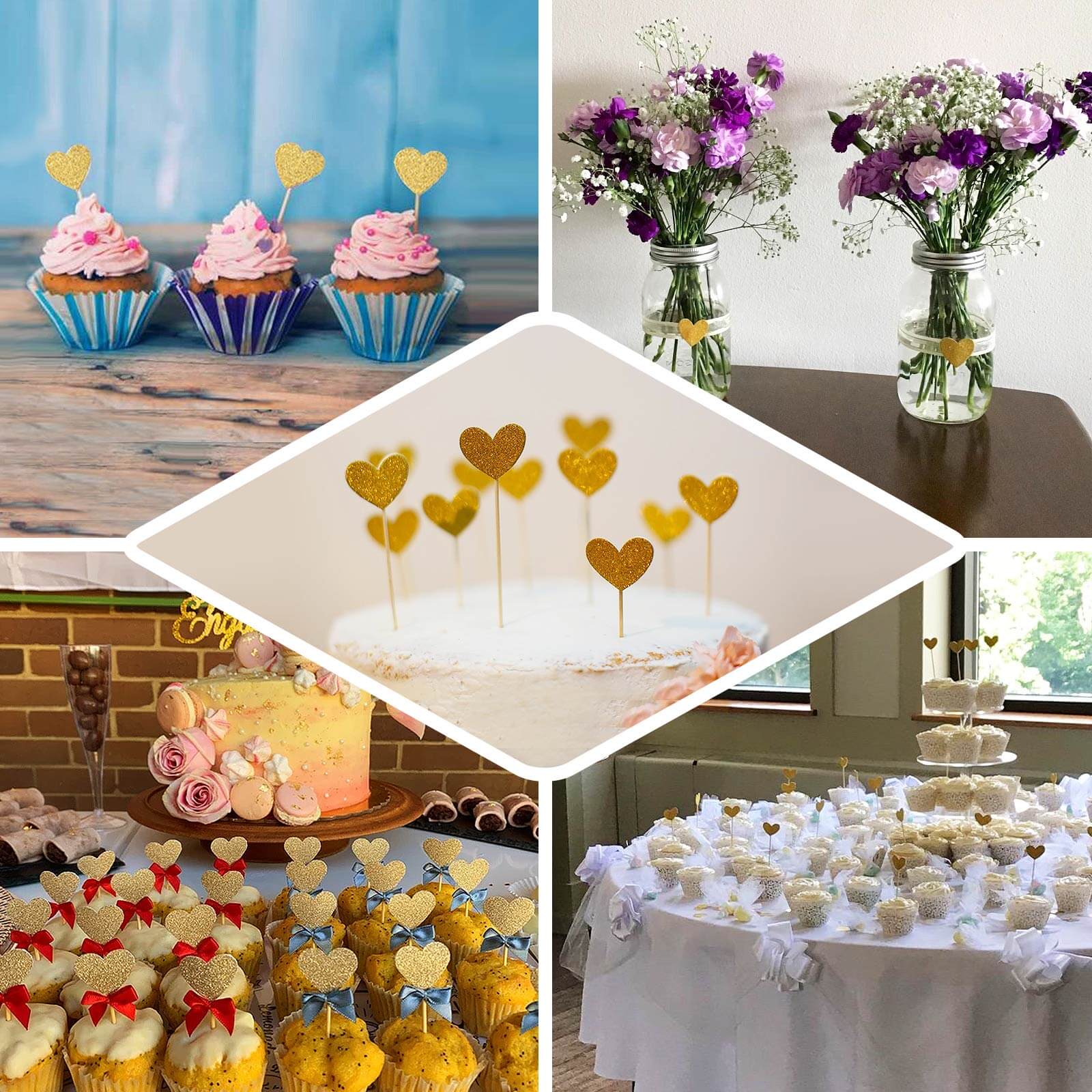 24-Pack Cupcake Topper Picks 4.5", 4" Glitter Gold Heart Shaped Design - Party Cake Toppers - Image 5