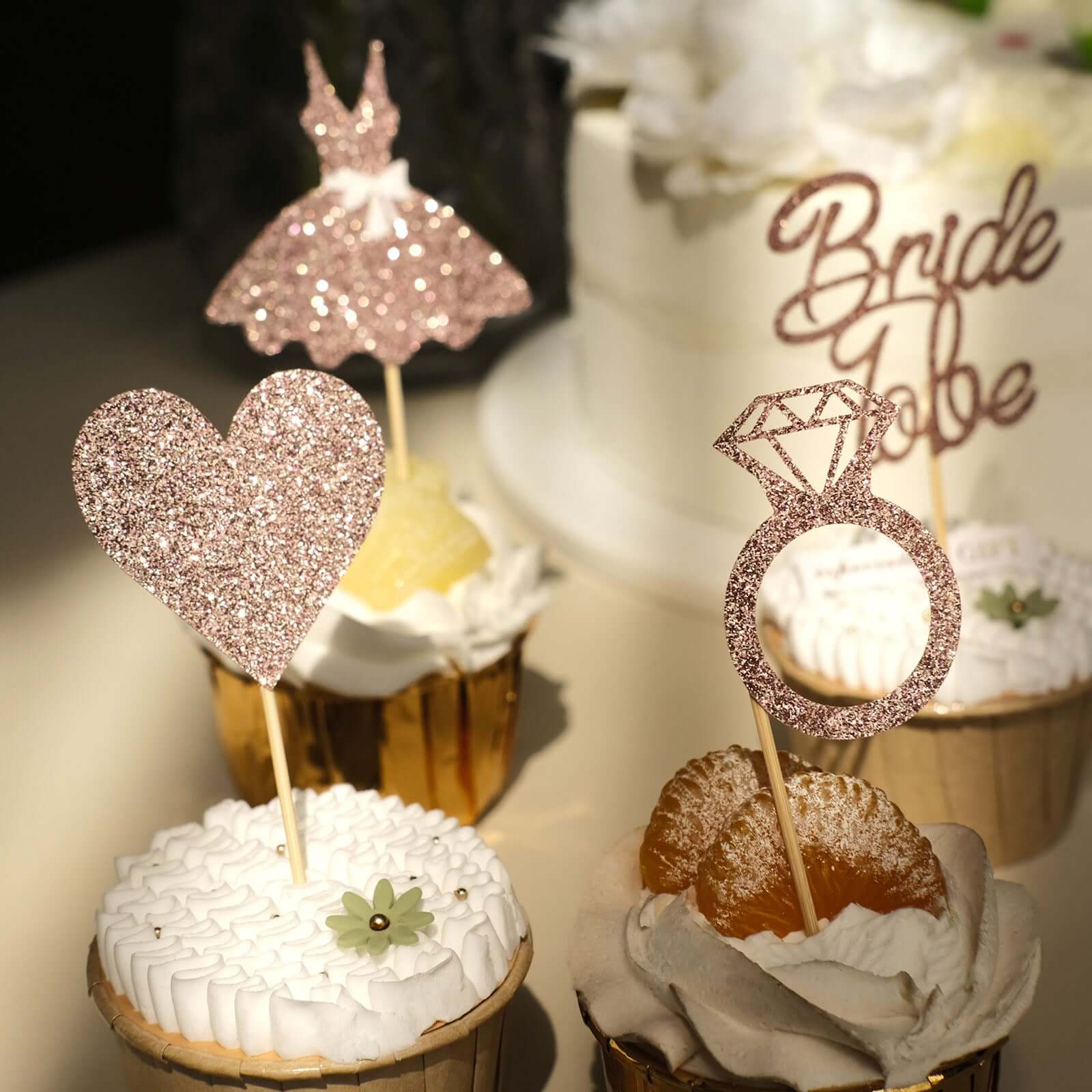 24-Pack Cupcake Topper Picks Rose Gold Glitter Bridal Shower Design - Wedding Cake Decoration Supplies Assorted Styles - Image 11
