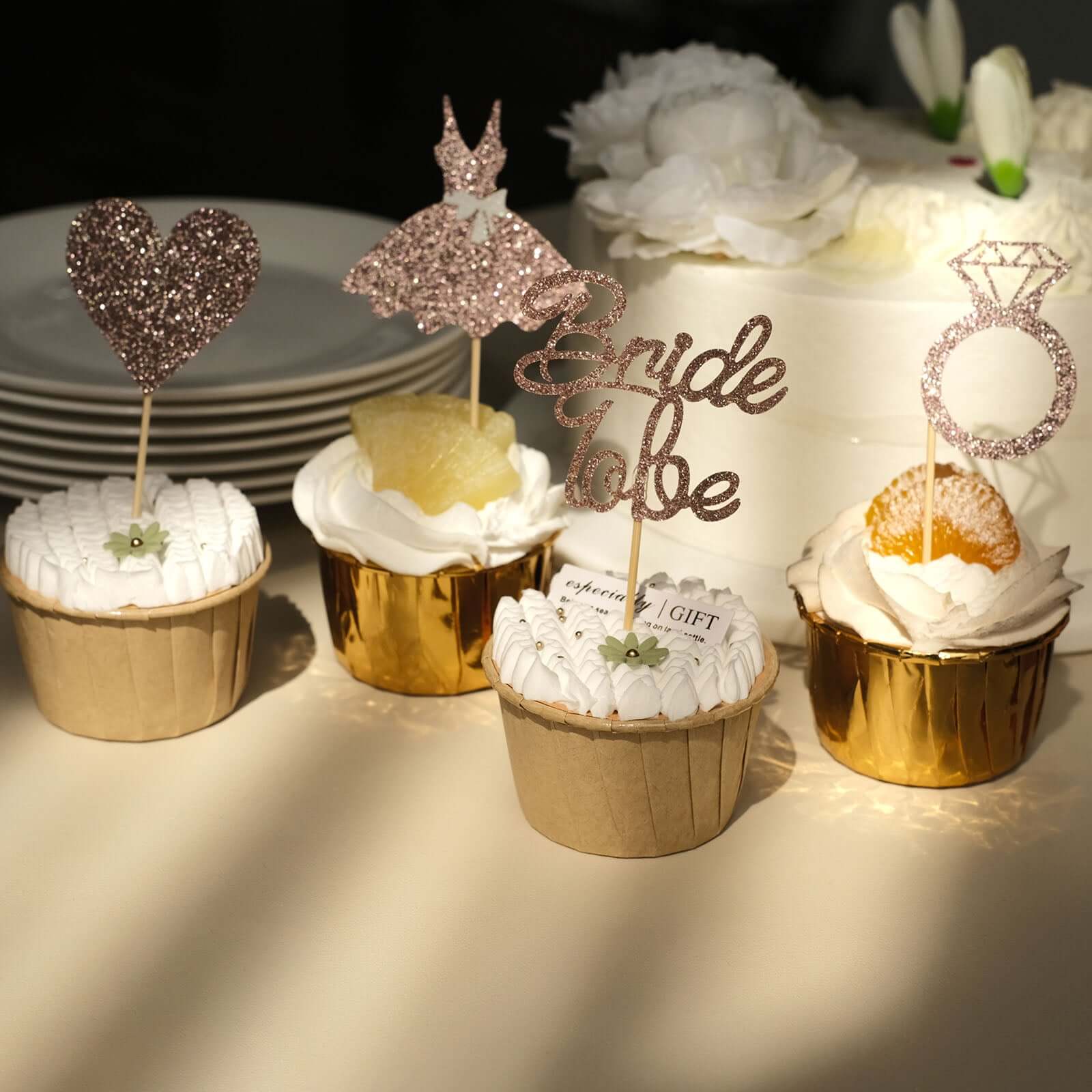 24-Pack Cupcake Topper Picks Rose Gold Glitter Bridal Shower Design - Wedding Cake Decoration Supplies Assorted Styles - Image 12