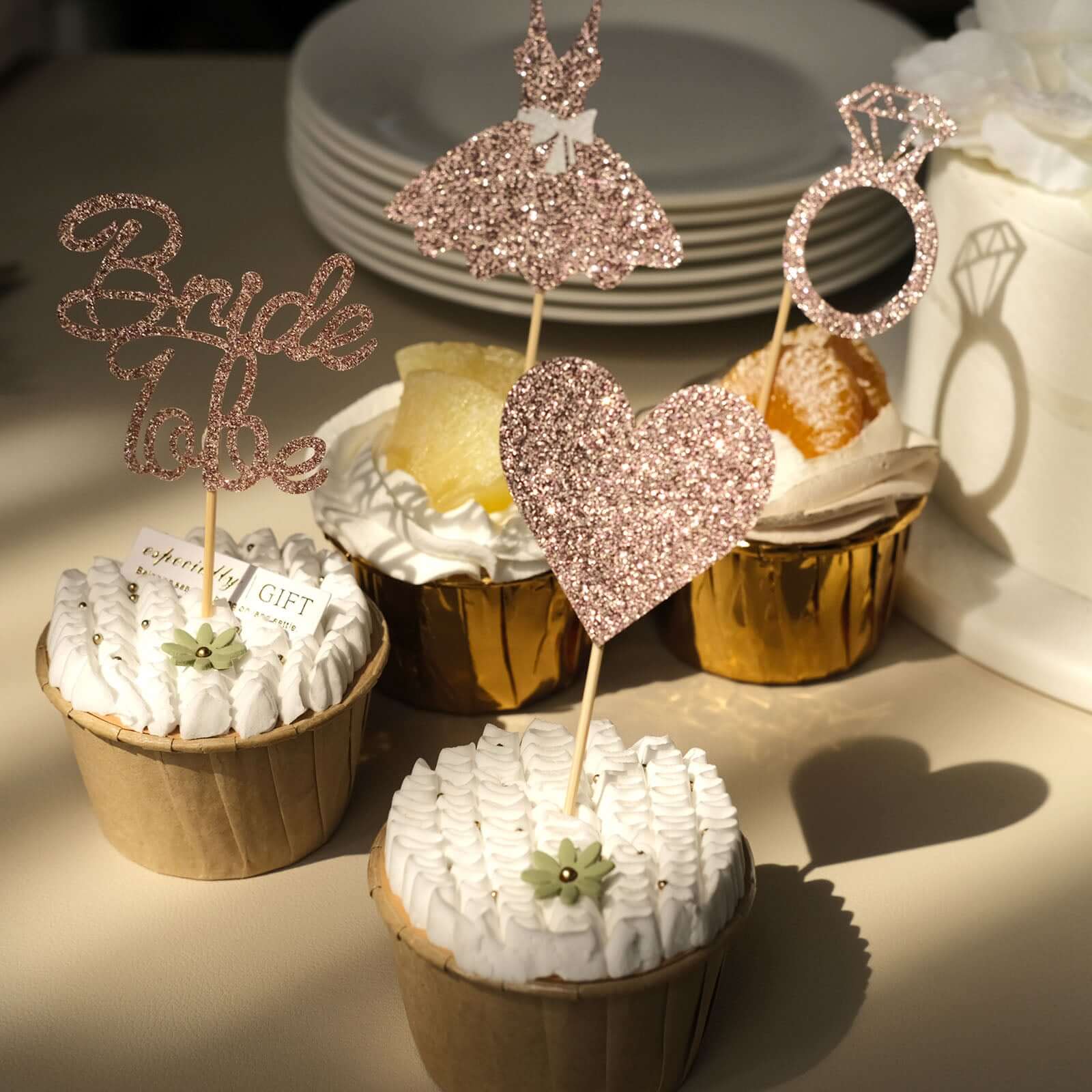 24-Pack Cupcake Topper Picks Rose Gold Glitter Bridal Shower Design - Wedding Cake Decoration Supplies Assorted Styles - Image 14