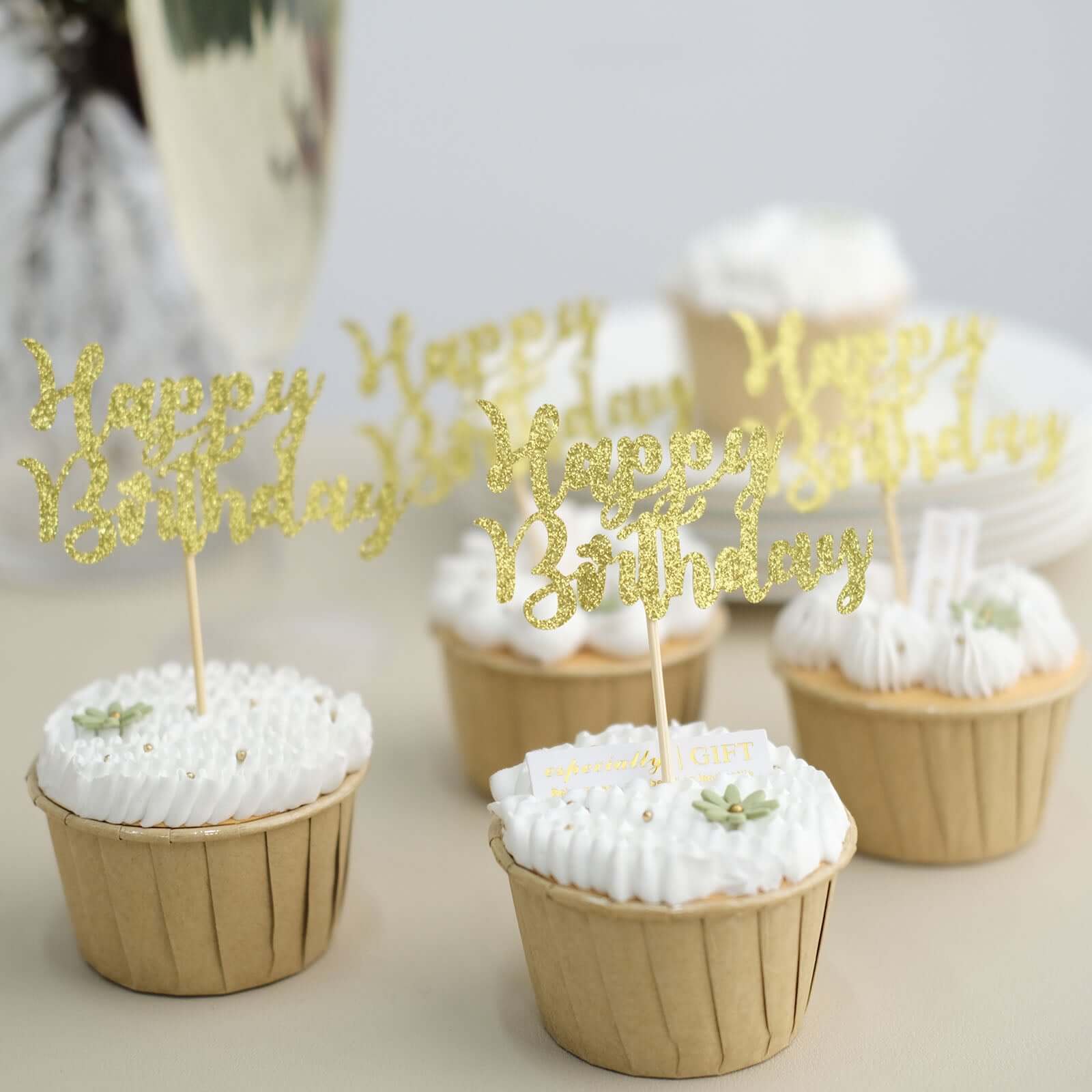 24-Pack Cupcake Toppers Glitter Gold Happy Birthday Design - Party Cake Picks Decoration Supplies - Image 10