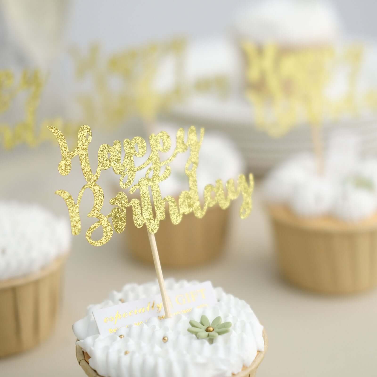 24-Pack Cupcake Toppers Glitter Gold Happy Birthday Design - Party Cake Picks Decoration Supplies - Image 11