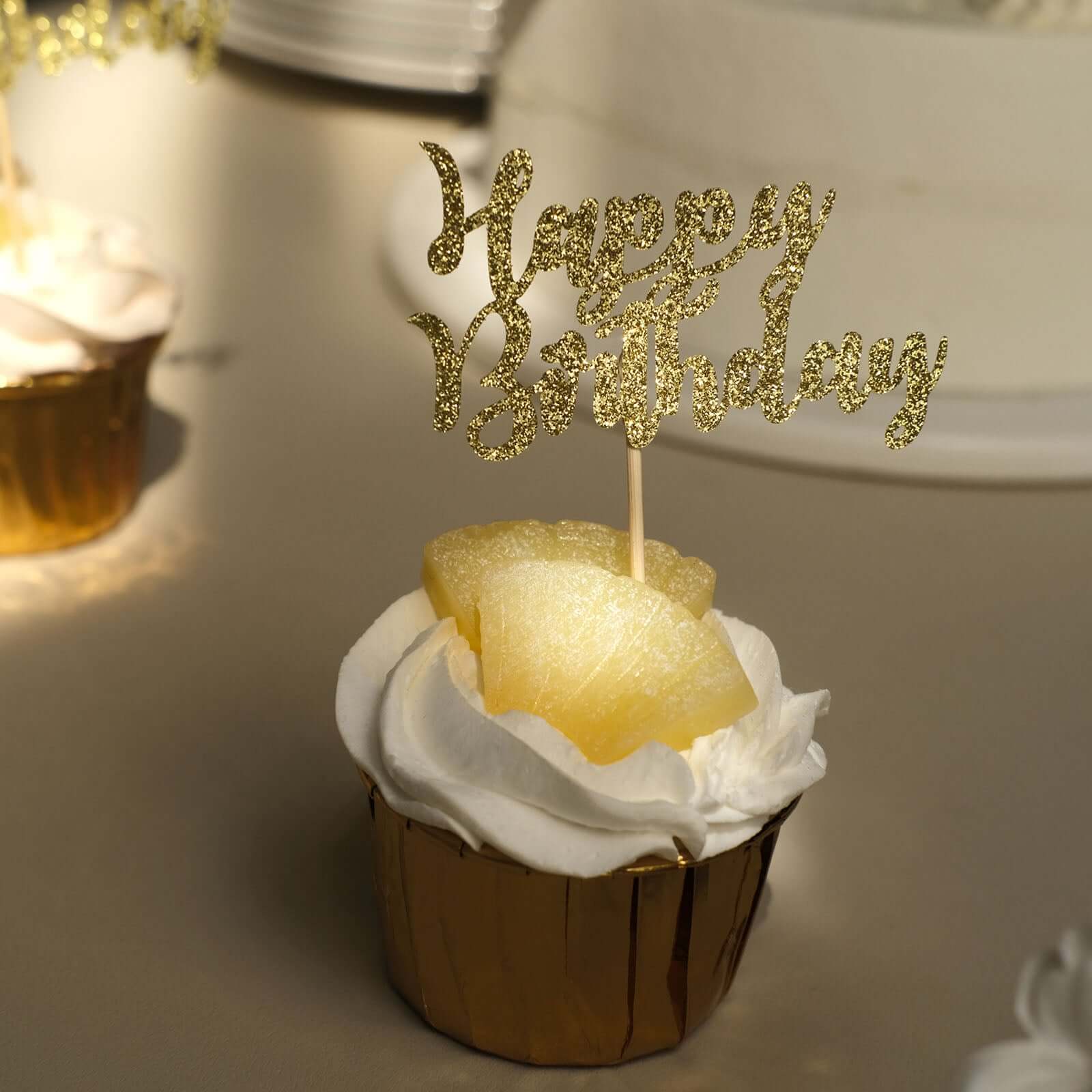 24-Pack Cupcake Toppers Glitter Gold Happy Birthday Design - Party Cake Picks Decoration Supplies - Image 16