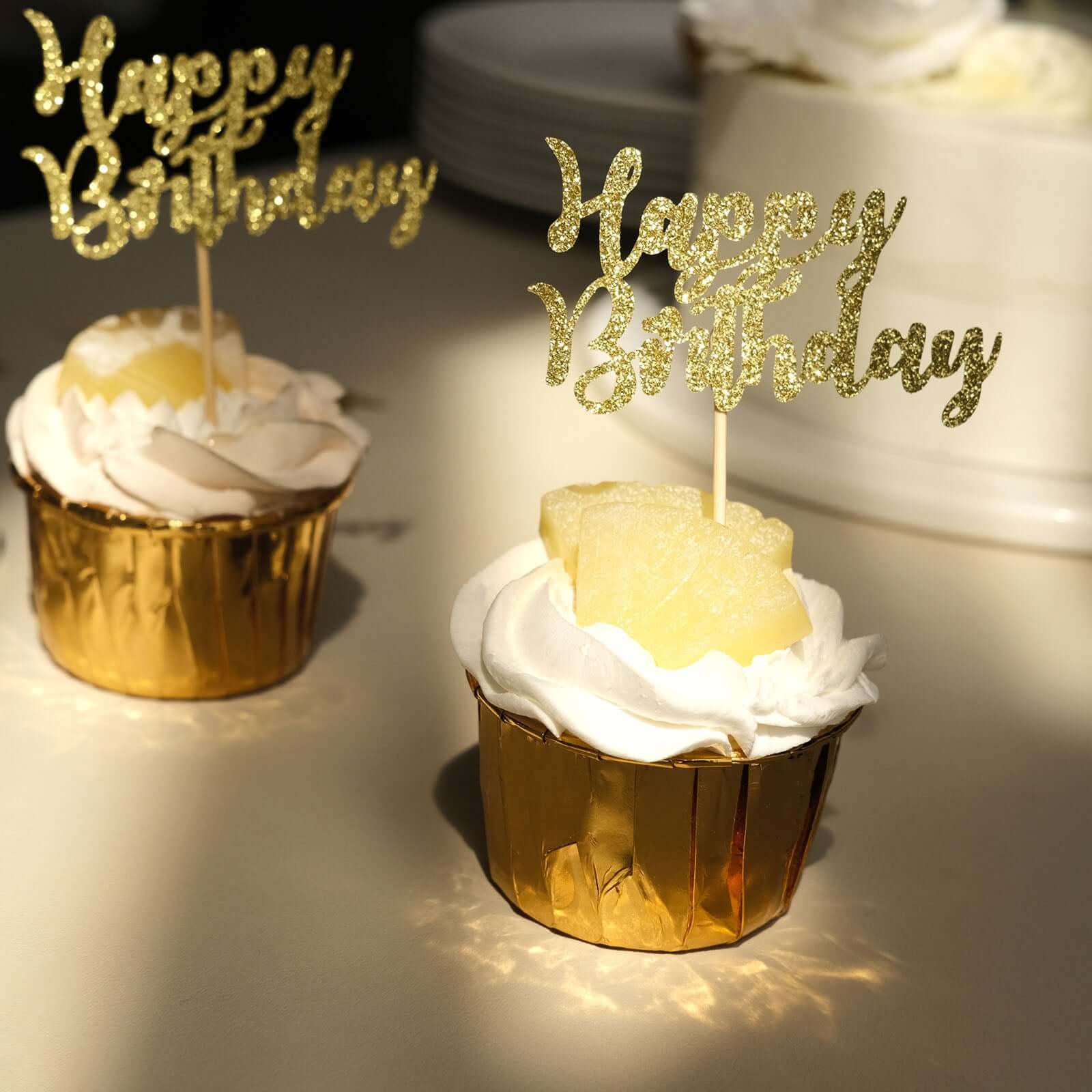 24-Pack Cupcake Toppers Glitter Gold Happy Birthday Design - Party Cake Picks Decoration Supplies - Image 17