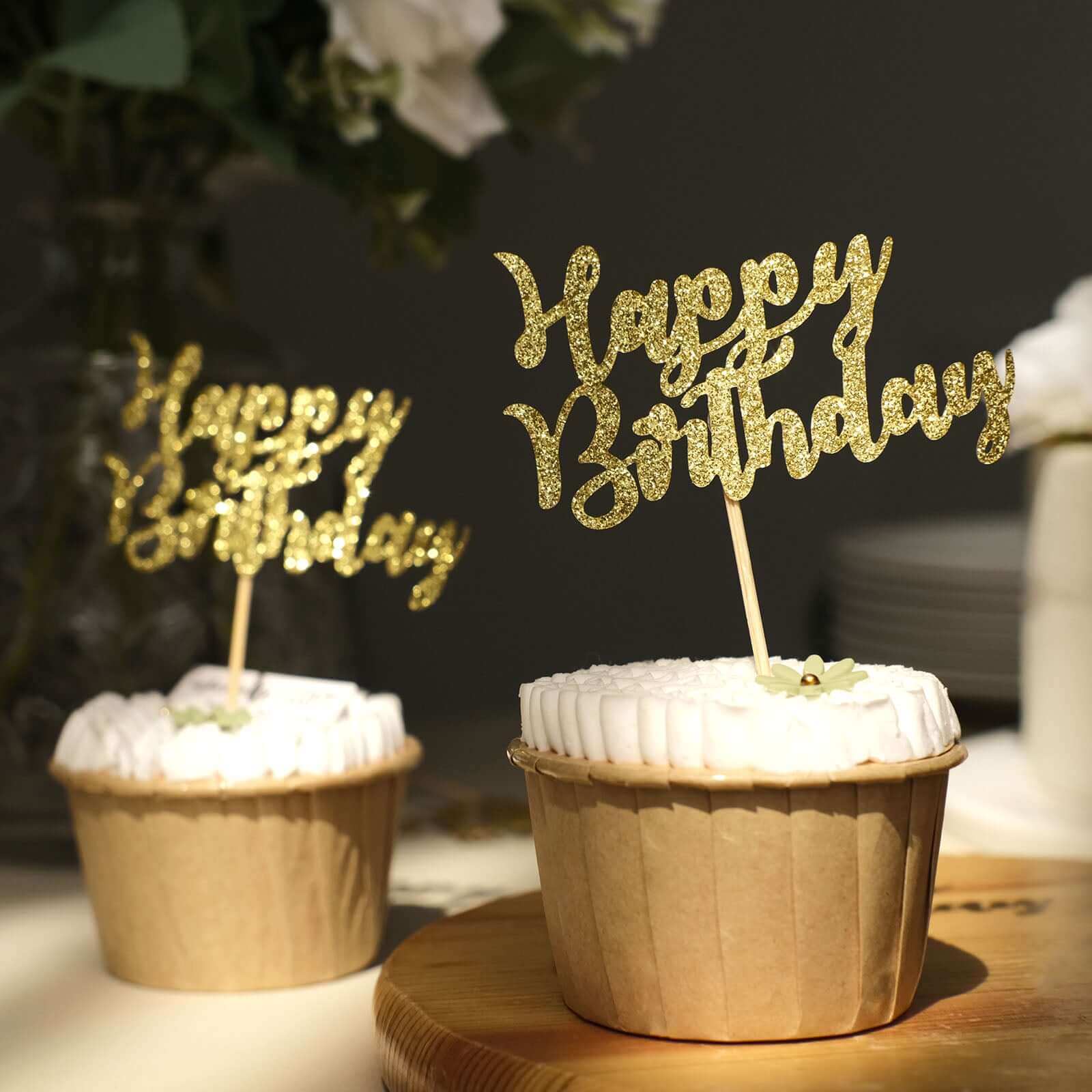 24-Pack Cupcake Toppers Glitter Gold Happy Birthday Design - Party Cake Picks Decoration Supplies - Image 18
