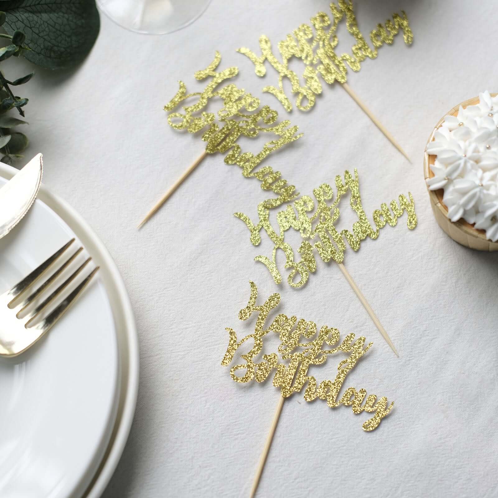 24-Pack Cupcake Toppers Glitter Gold Happy Birthday Design - Party Cake Picks Decoration Supplies - Image 2