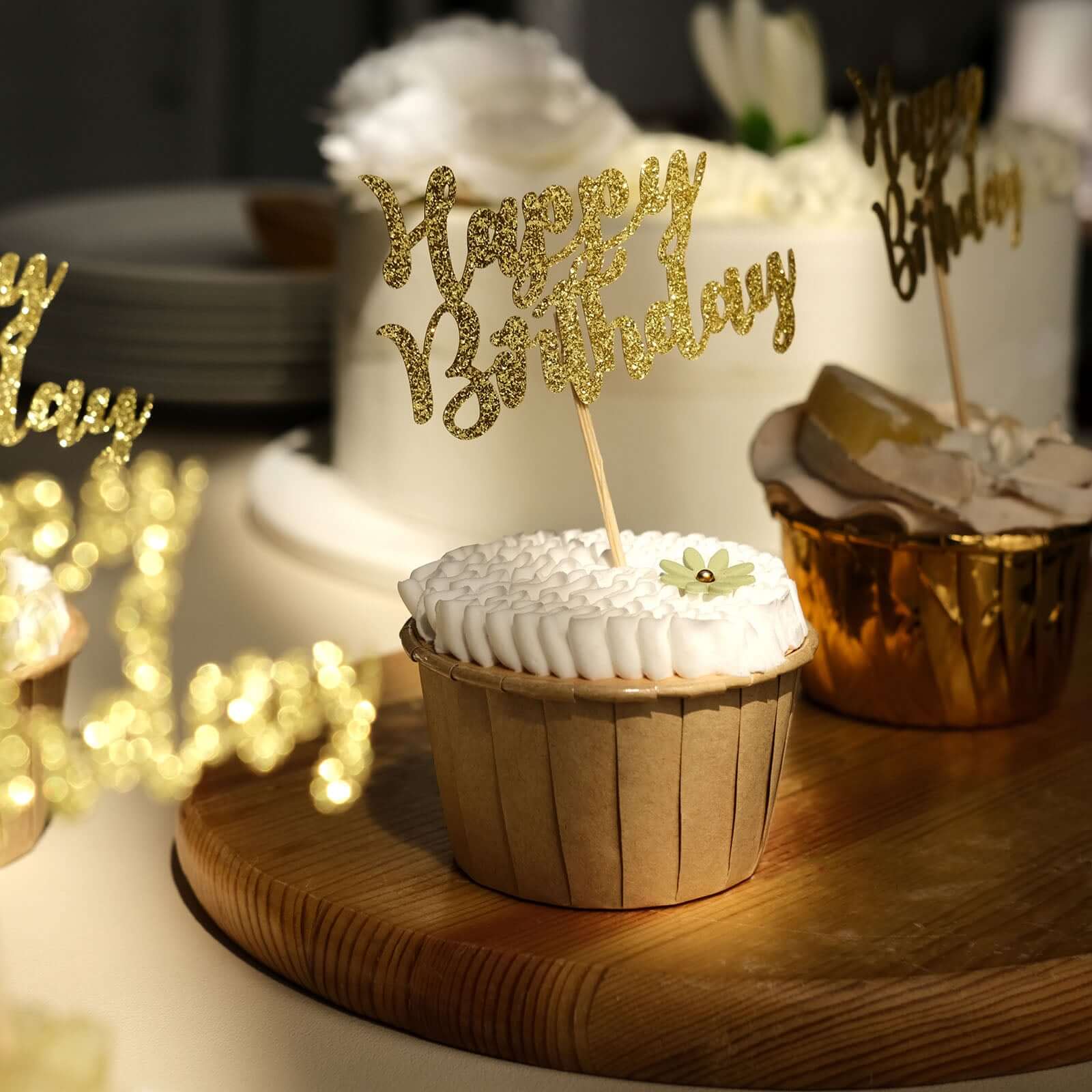 24-Pack Cupcake Toppers Glitter Gold Happy Birthday Design - Party Cake Picks Decoration Supplies - Image 20
