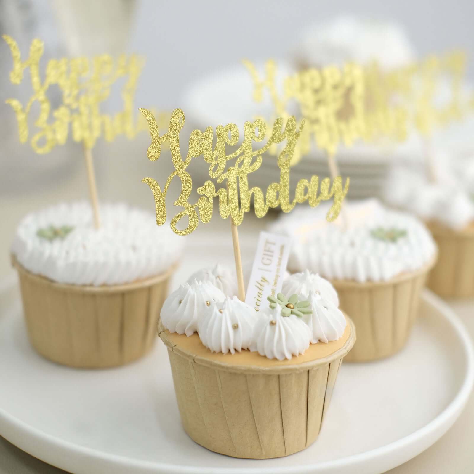 24-Pack Cupcake Toppers Glitter Gold Happy Birthday Design - Party Cake Picks Decoration Supplies - Image 6
