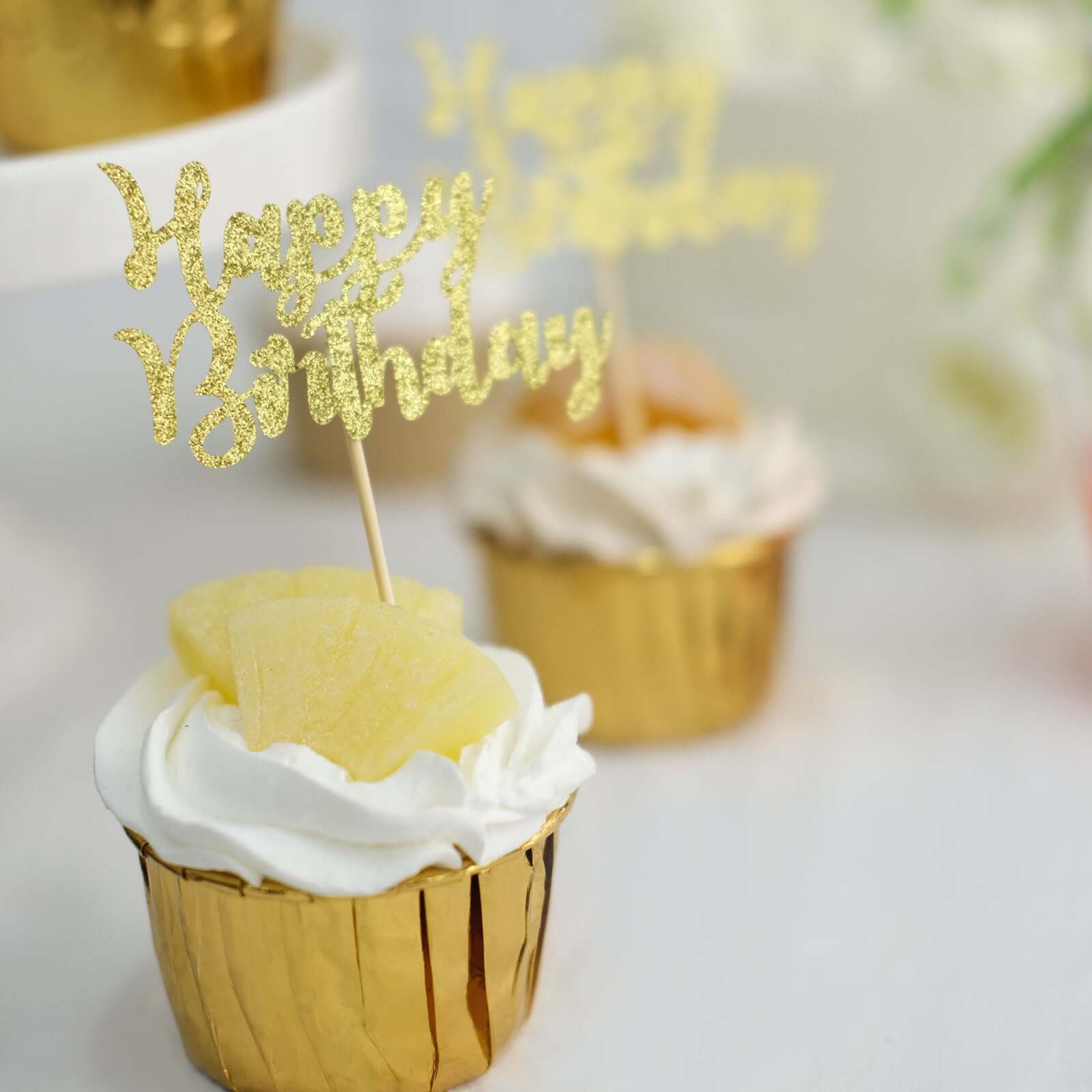 24-Pack Cupcake Toppers Glitter Gold Happy Birthday Design - Party Cake Picks Decoration Supplies - Image 8