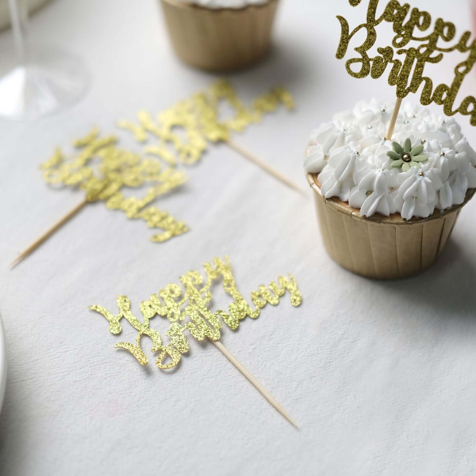 24-Pack Cupcake Toppers Glitter Gold Happy Birthday Design - Party Cake Picks Decoration Supplies - Image 9