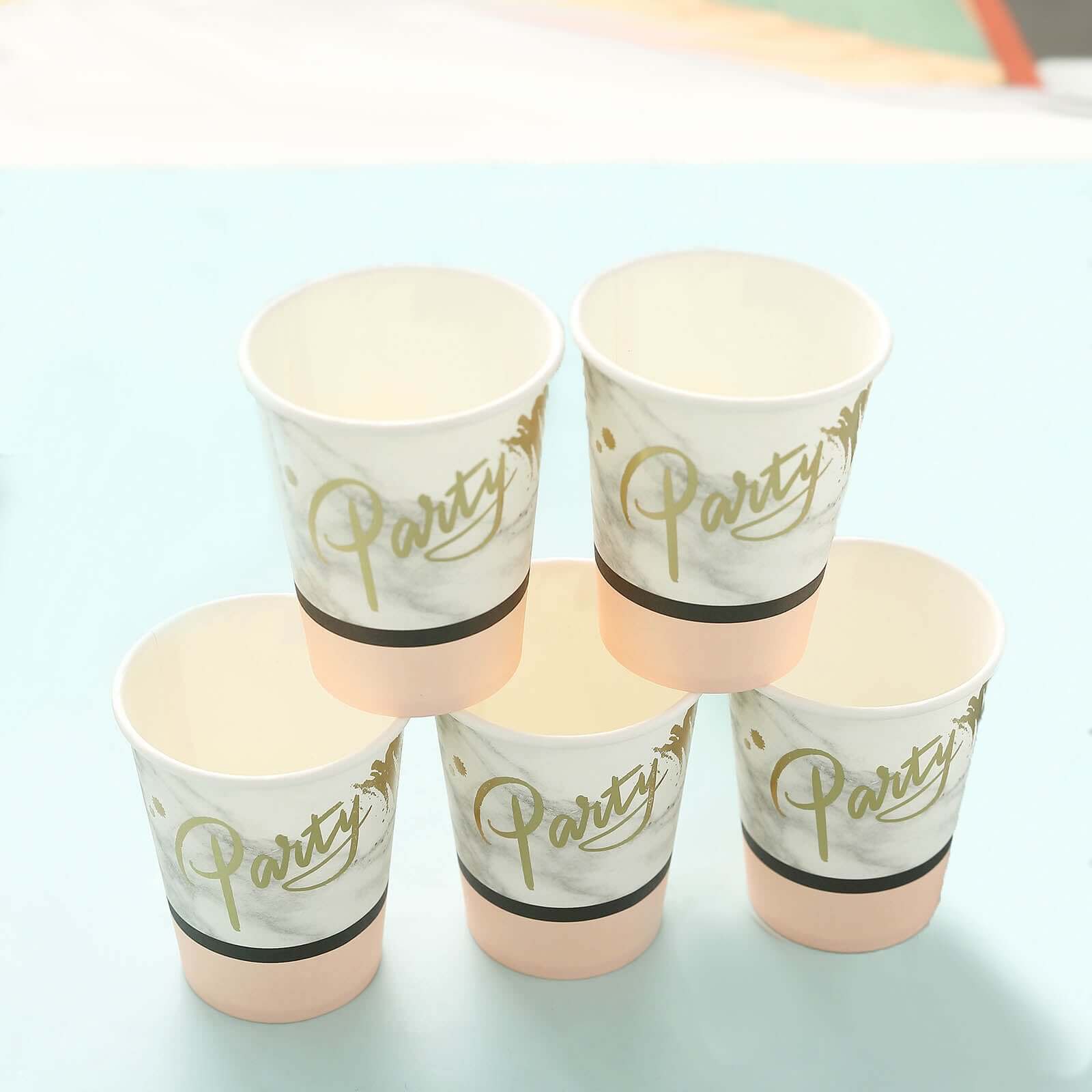 24-Pack Paper Cups 9oz Blush with Marble Top - Chic Disposable Party Cups for Events & All Purpose Use - Image 11