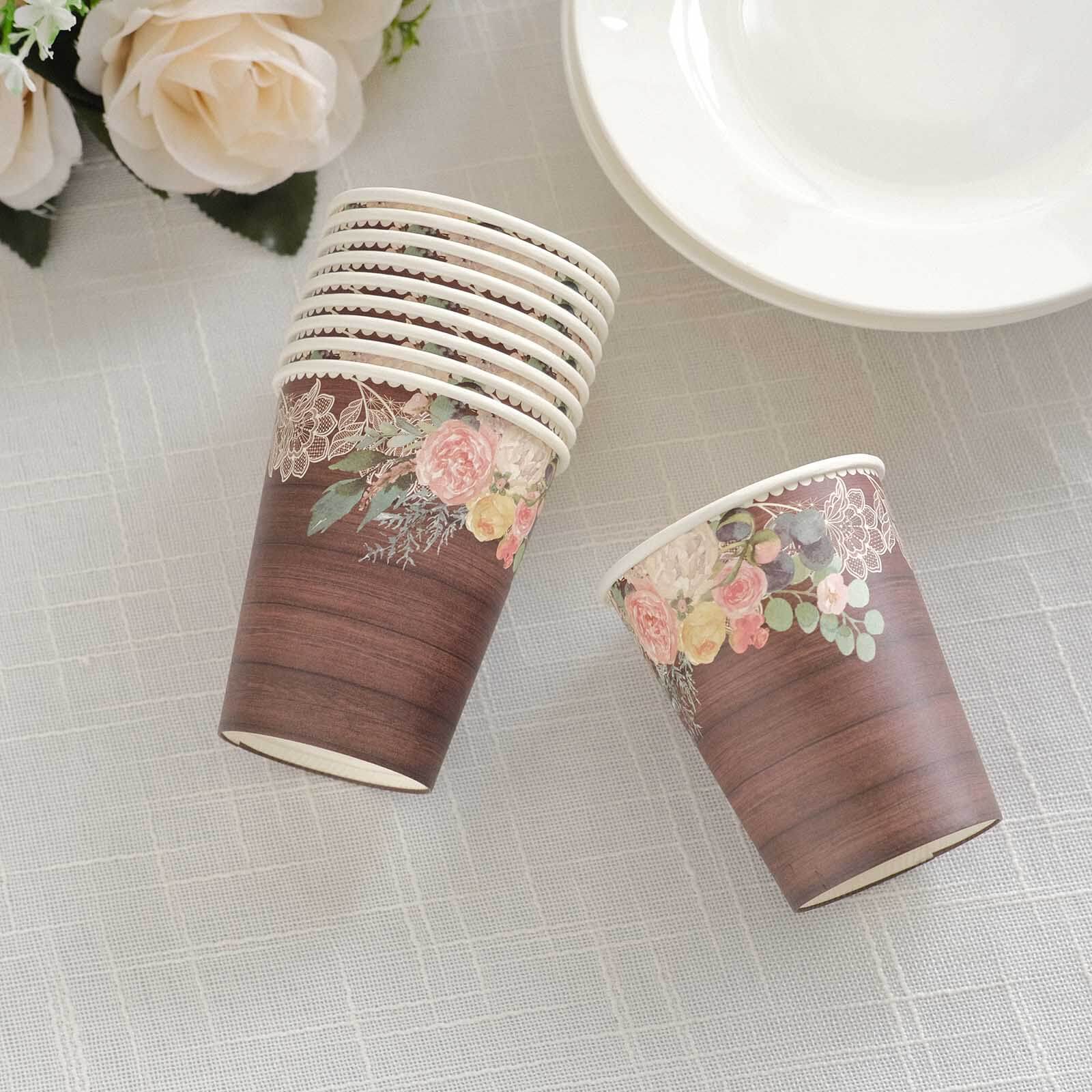 24-Pack Paper Cups 9oz Brown Wood Print with Floral Lace Rim - Rustic Disposable Party Cups for Farmhouse Events & Country Gatherings - Image 10