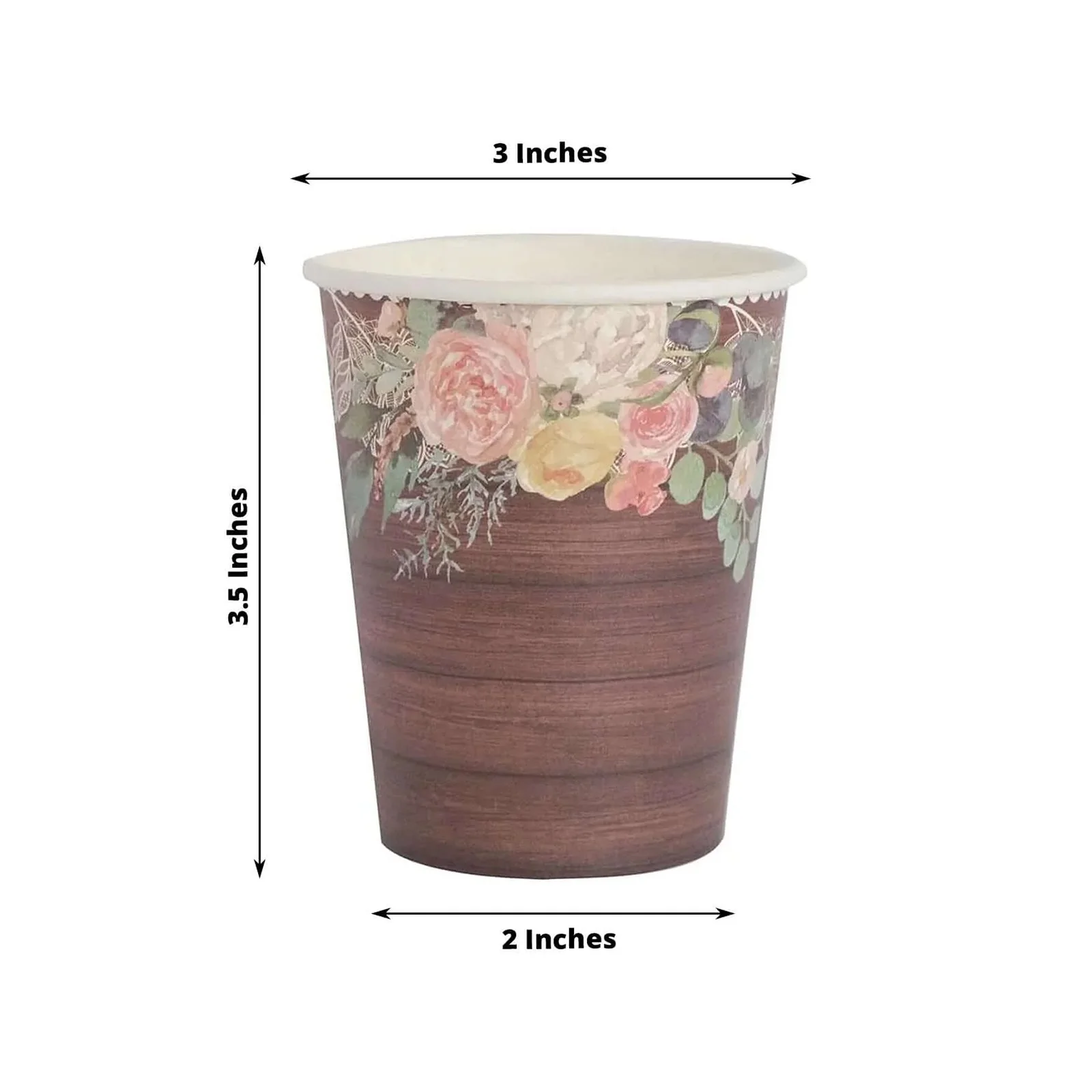 24-Pack Paper Cups 9oz Brown Wood Print with Floral Lace Rim - Rustic Disposable Party Cups for Farmhouse Events & Country Gatherings - Image 3