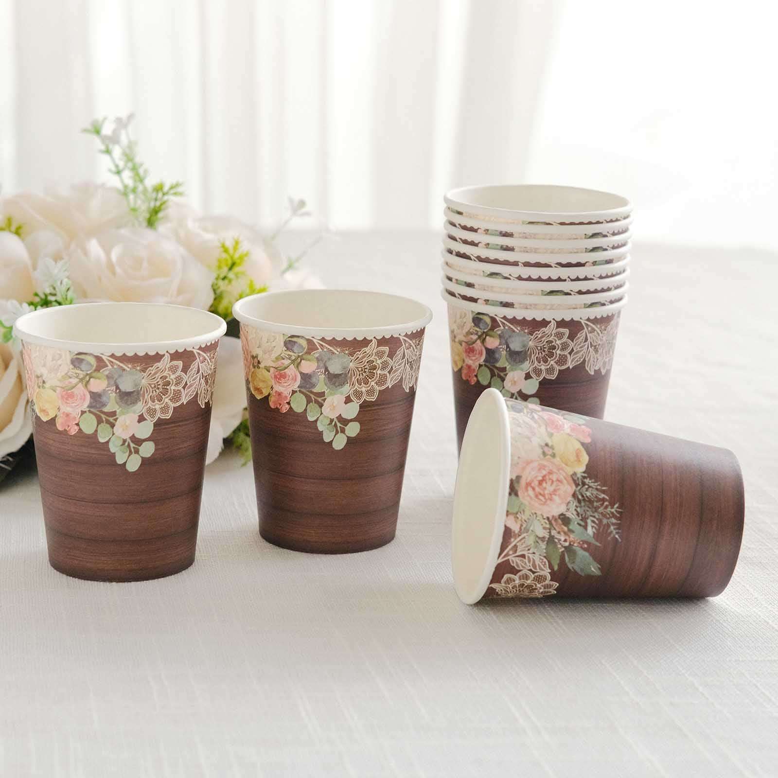 24-Pack Paper Cups 9oz Brown Wood Print with Floral Lace Rim - Rustic Disposable Party Cups for Farmhouse Events & Country Gatherings - Image 4