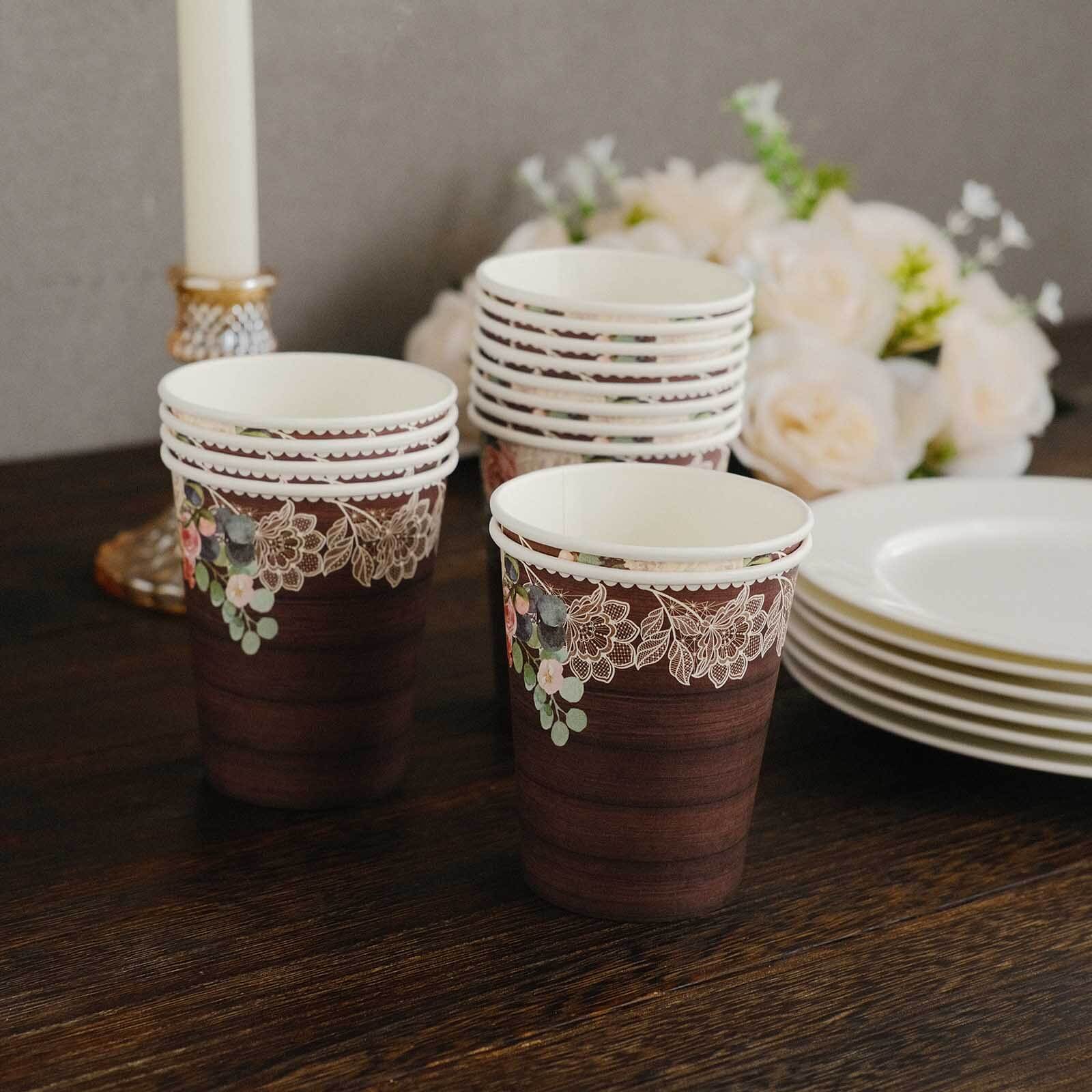24-Pack Paper Cups 9oz Brown Wood Print with Floral Lace Rim - Rustic Disposable Party Cups for Farmhouse Events & Country Gatherings - Image 5