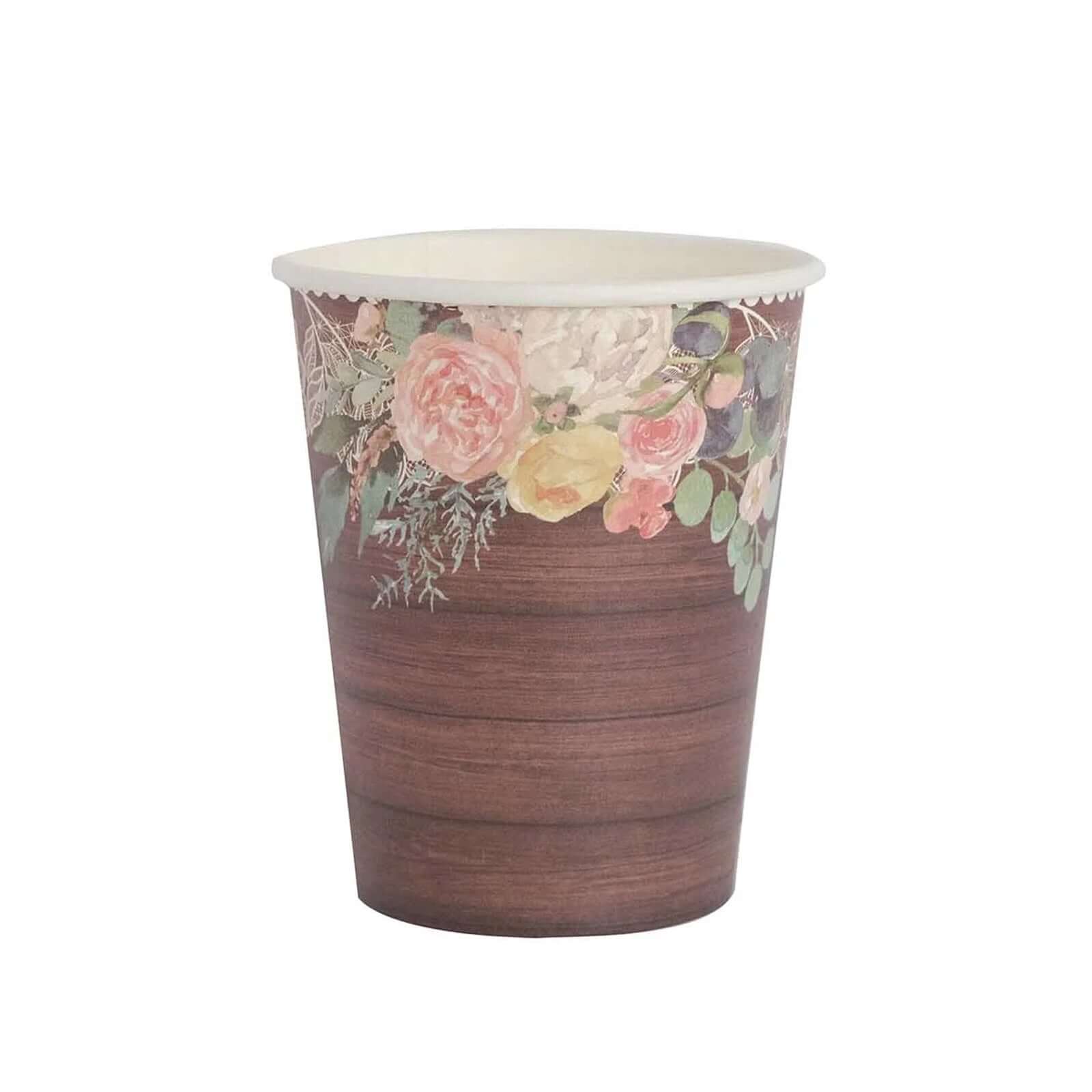 24-Pack Paper Cups 9oz Brown Wood Print with Floral Lace Rim - Rustic Disposable Party Cups for Farmhouse Events & Country Gatherings - Image 7