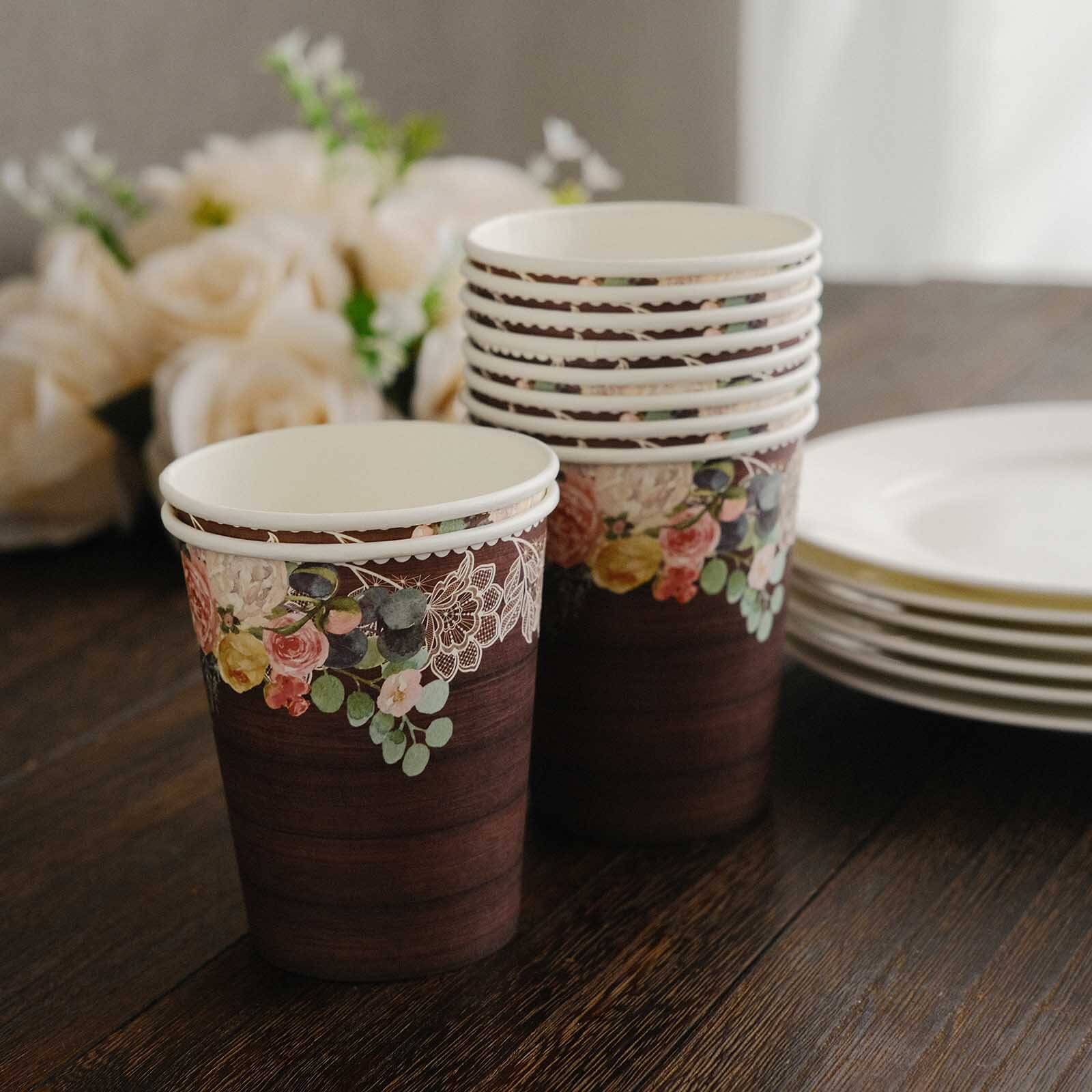 24-Pack Paper Cups 9oz Brown Wood Print with Floral Lace Rim - Rustic Disposable Party Cups for Farmhouse Events & Country Gatherings - Image 8