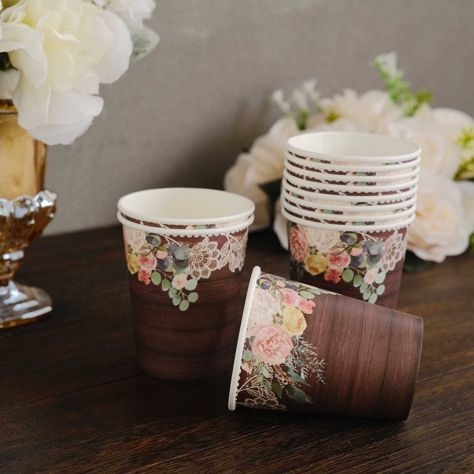 24-Pack Paper Cups 9oz Brown Wood Print with Floral Lace Rim - Rustic Disposable Party Cups for Farmhouse Events & Country Gatherings - Image 9