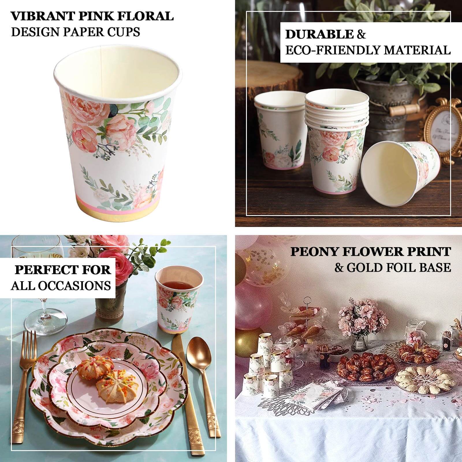 24-Pack Paper Cups 9oz Pink Peony Flower Print with Gold Foil - Stylish Disposable Party Cups for Hot & Cold Beverages - Image 4