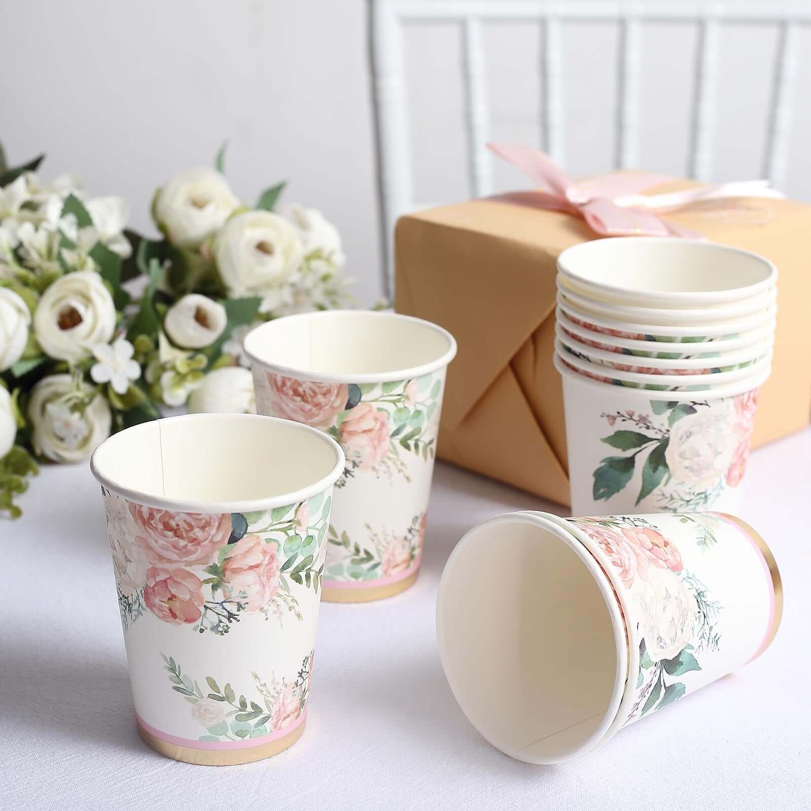 24-Pack Paper Cups 9oz Pink Peony Flower Print with Gold Foil - Stylish Disposable Party Cups for Hot & Cold Beverages - Image 7