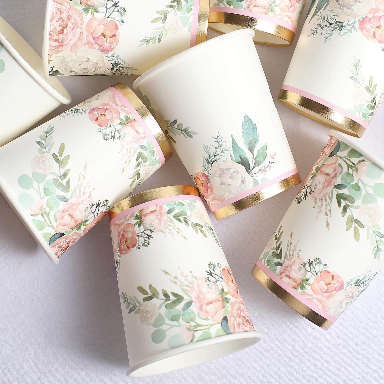 24-Pack Paper Cups 9oz Pink Peony Flower Print with Gold Foil - Stylish Disposable Party Cups for Hot & Cold Beverages - Image 8