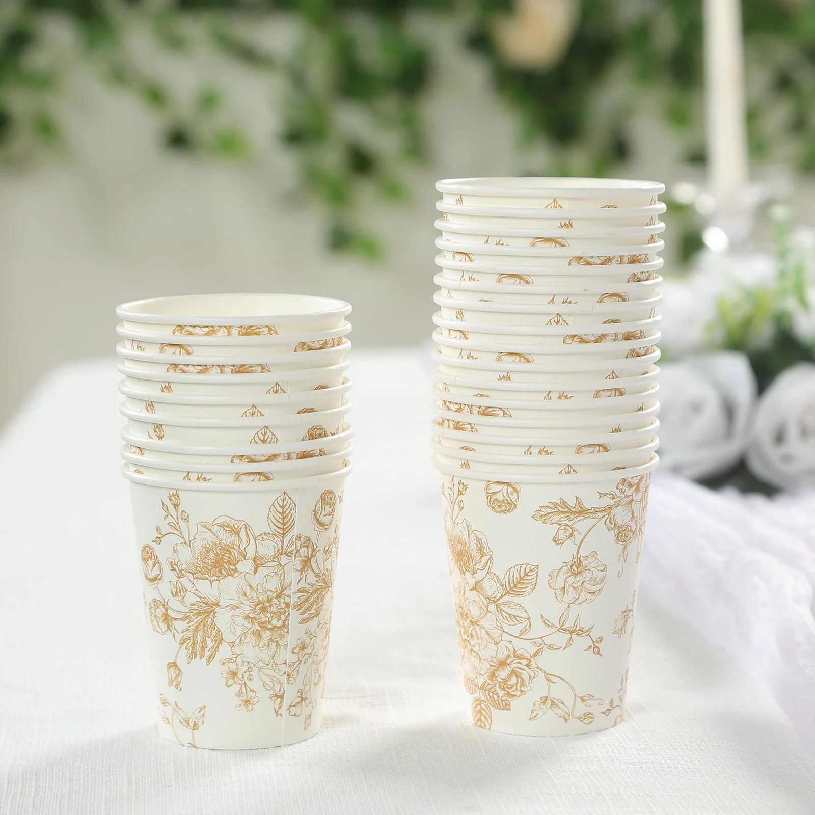 24-Pack Paper Cups 9oz White with Gold French Toile Print - Chic Disposable Floral Party Cups for Hot & Cold Beverages - Image 10
