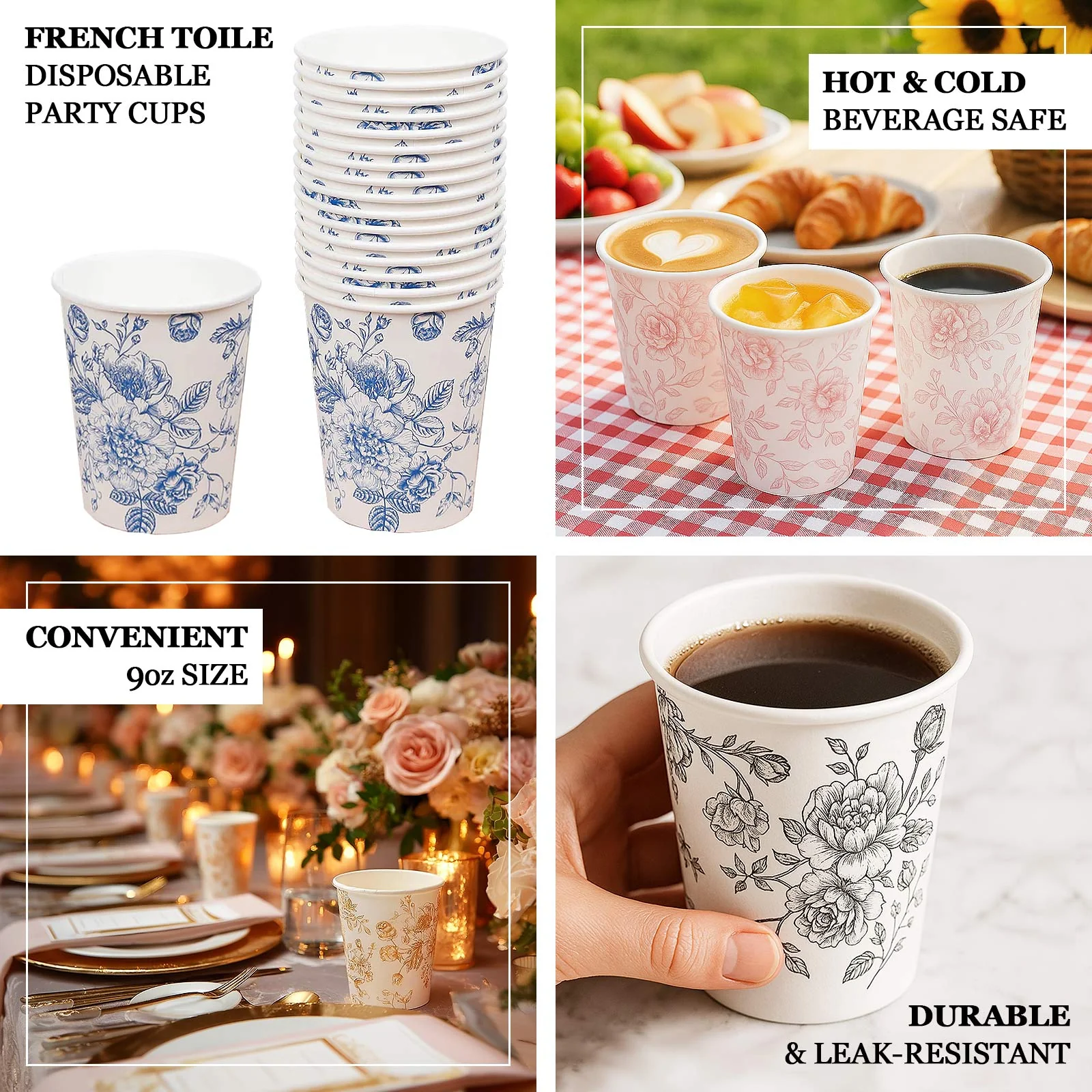 24-Pack Paper Cups 9oz White with Gold French Toile Print - Chic Disposable Floral Party Cups for Hot & Cold Beverages - Image 3