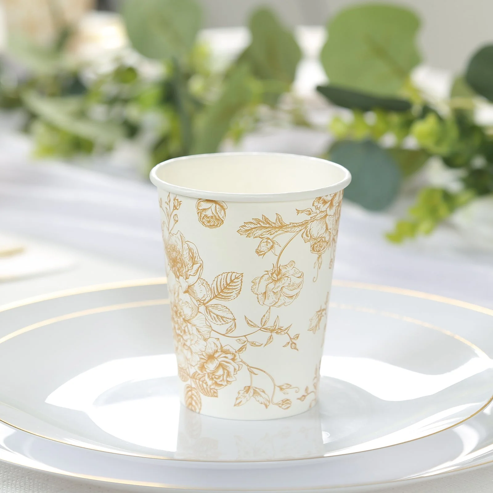 24-Pack Paper Cups 9oz White with Gold French Toile Print - Chic Disposable Floral Party Cups for Hot & Cold Beverages - Image 6