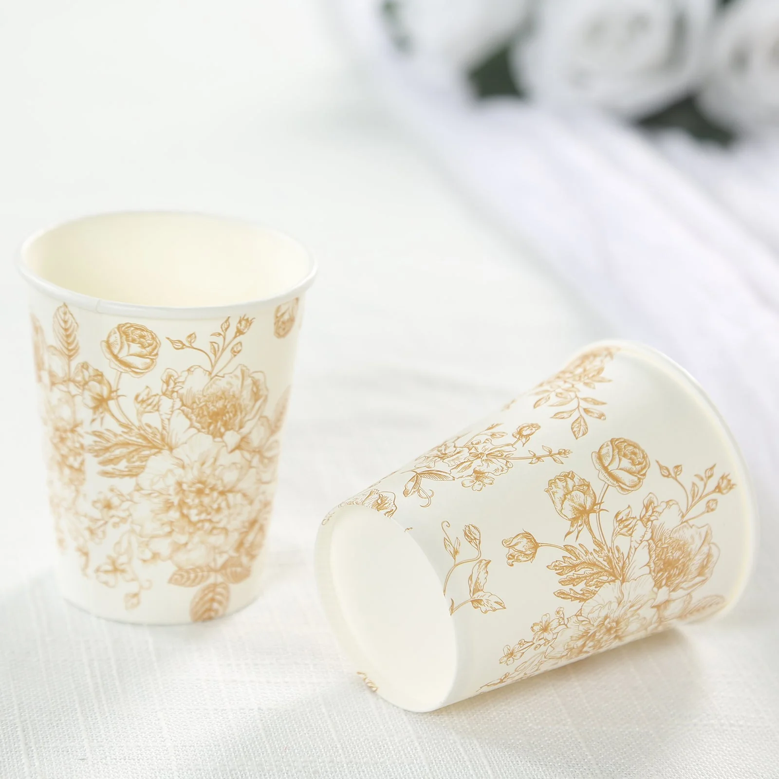 24-Pack Paper Cups 9oz White with Gold French Toile Print - Chic Disposable Floral Party Cups for Hot & Cold Beverages - Image 8