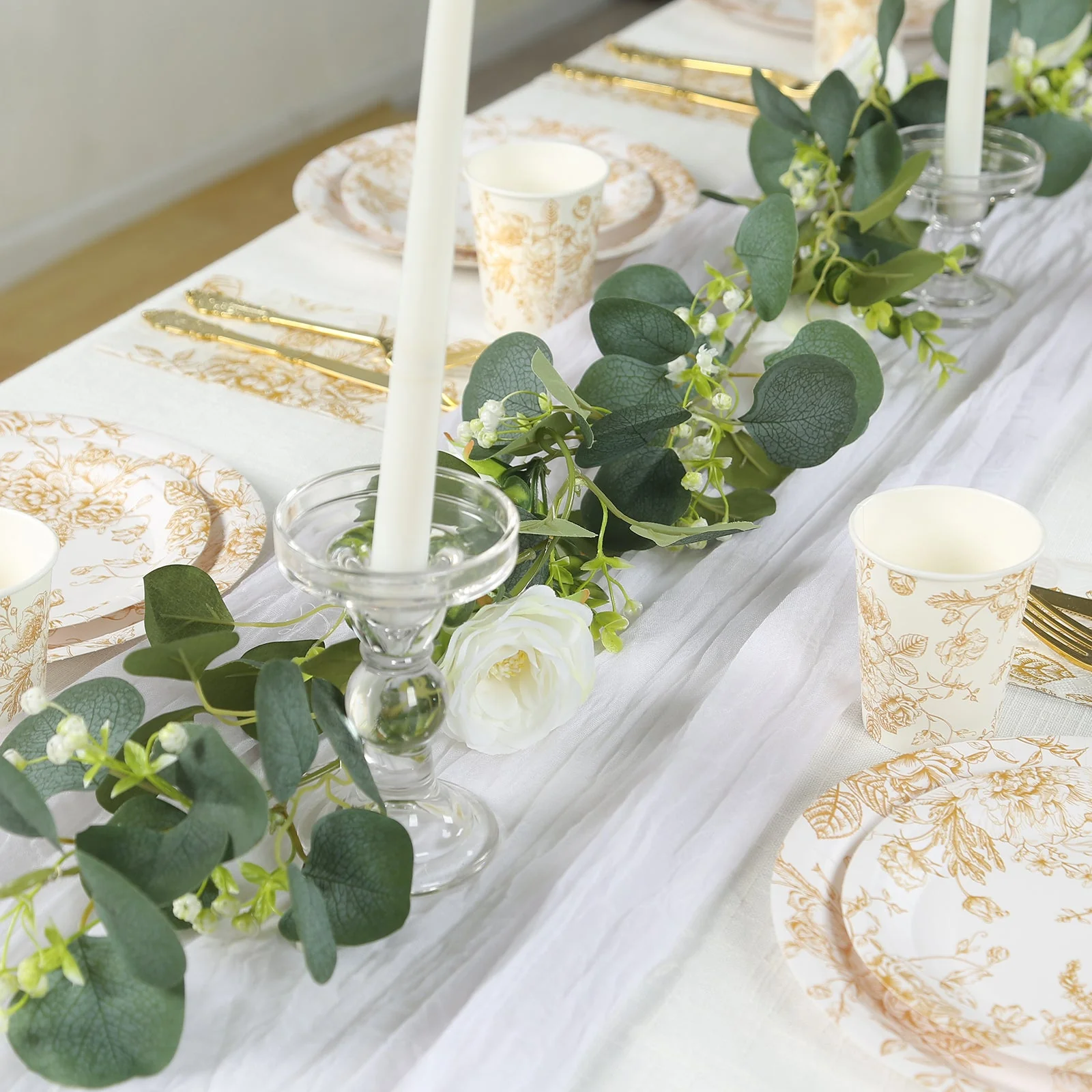 24-Pack Paper Cups 9oz White with Gold French Toile Print - Chic Disposable Floral Party Cups for Hot & Cold Beverages - Image 9