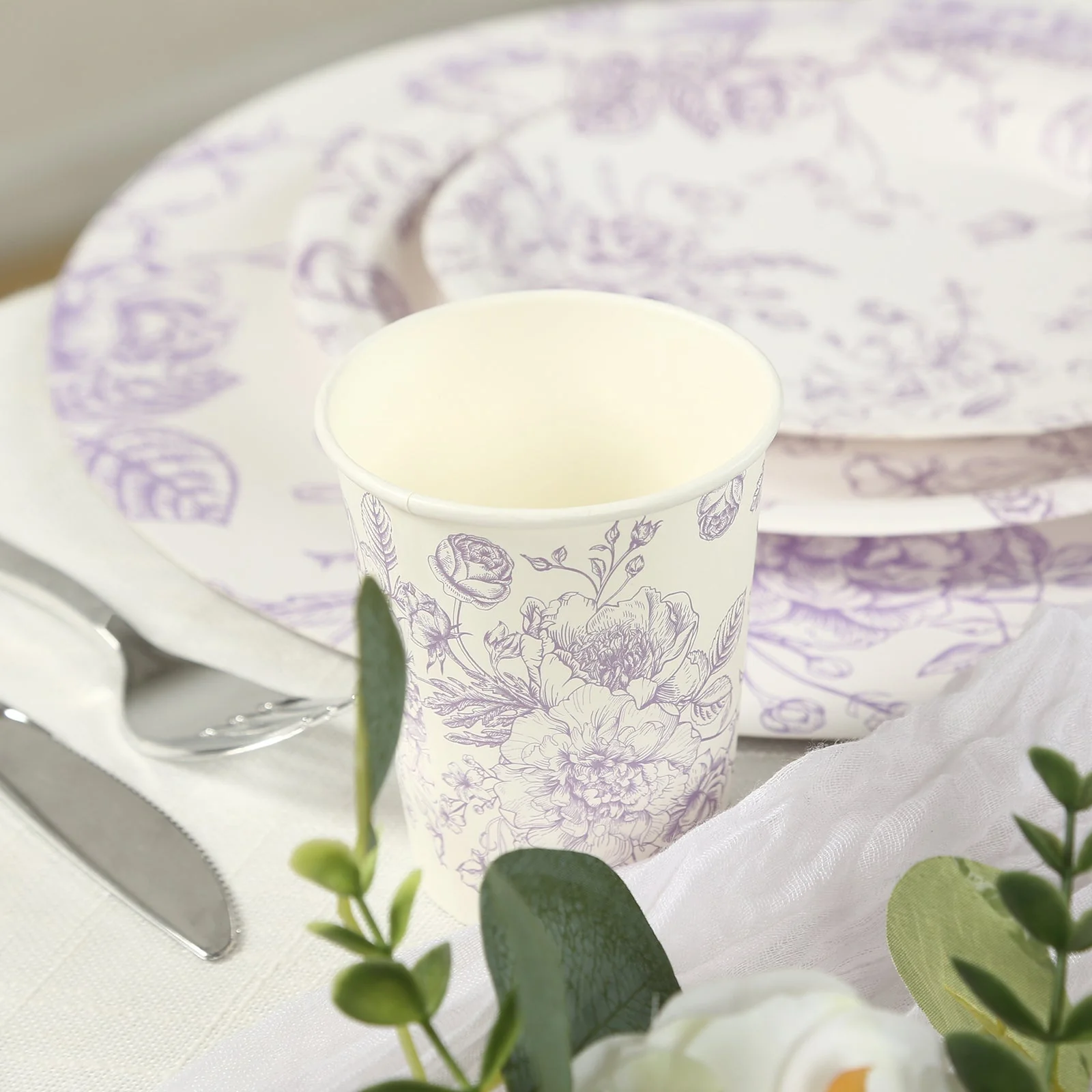 24-Pack Paper Cups 9oz White with Lavender Lilac French Toile Print - Chic Disposable Floral Party Cups for Hot & Cold Beverages - Image 2