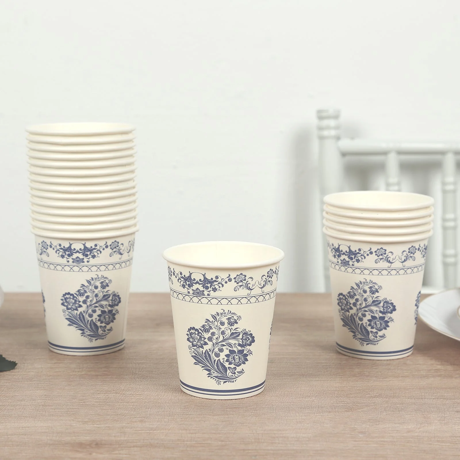 24 Pack Paper Cups in White Royal Blue Damask Floral Pattern, Elegant Disposable Party Cups - 9oz - Image 5