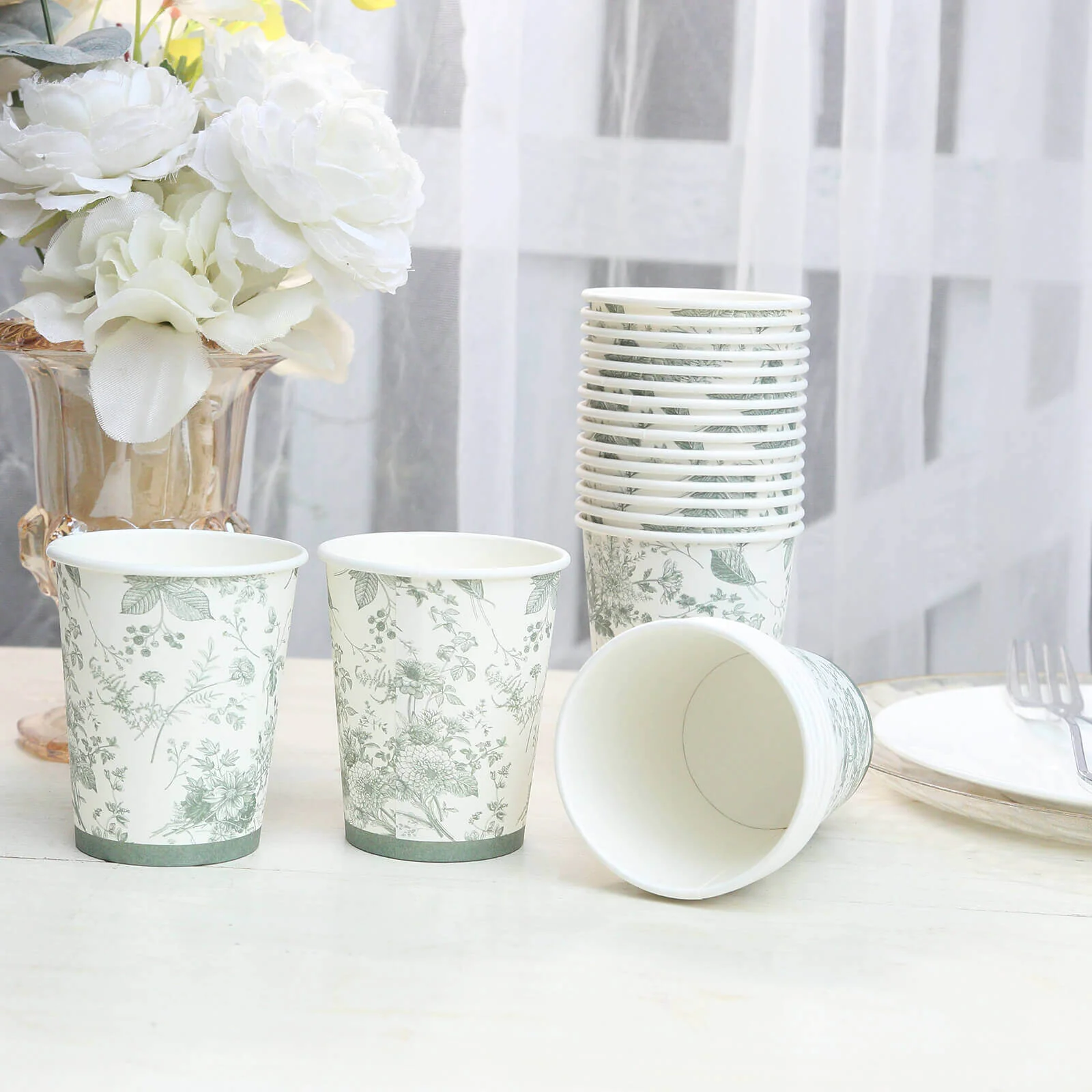 24 Pack Paper Cups in White Sage Green French Toile Pattern, Elegant Disposable Party Cups - 9oz - Image 2