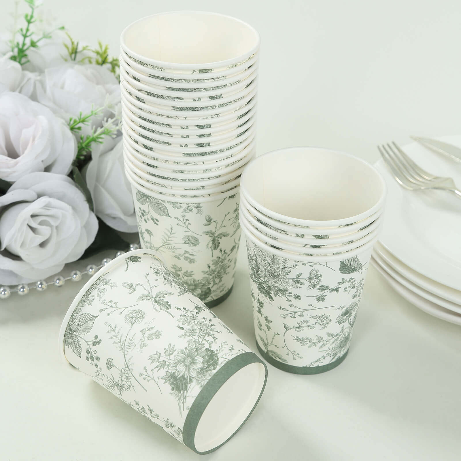24 Pack Paper Cups in White Sage Green French Toile Pattern, Elegant Disposable Party Cups - 9oz - Image 8