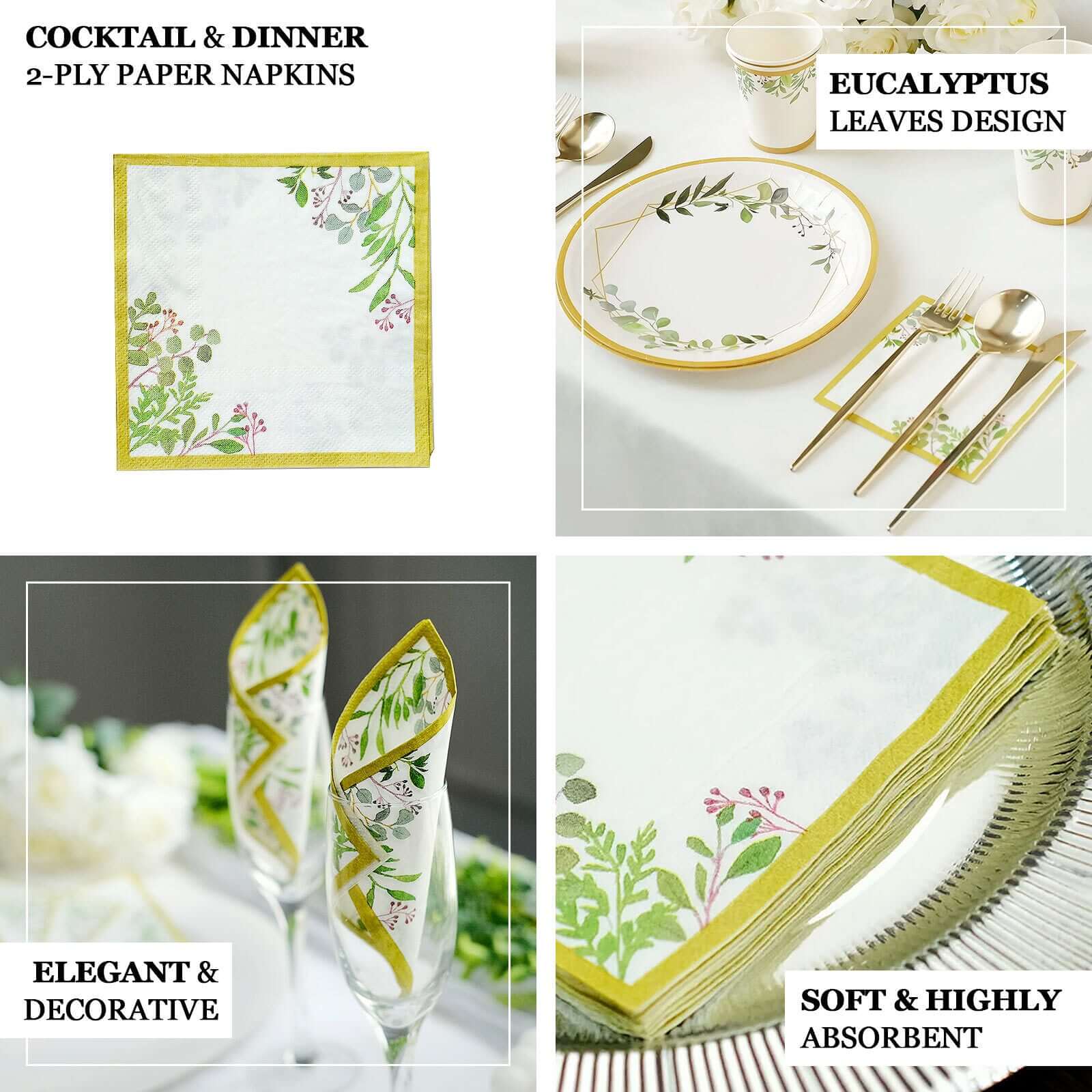 24-Pack Paper Dinner Napkins 2 Ply White Tropical Greenery with Eucalyptus Design 5" - Soft Disposable Cocktail Napkins for Weddings 18GSM - Image 4