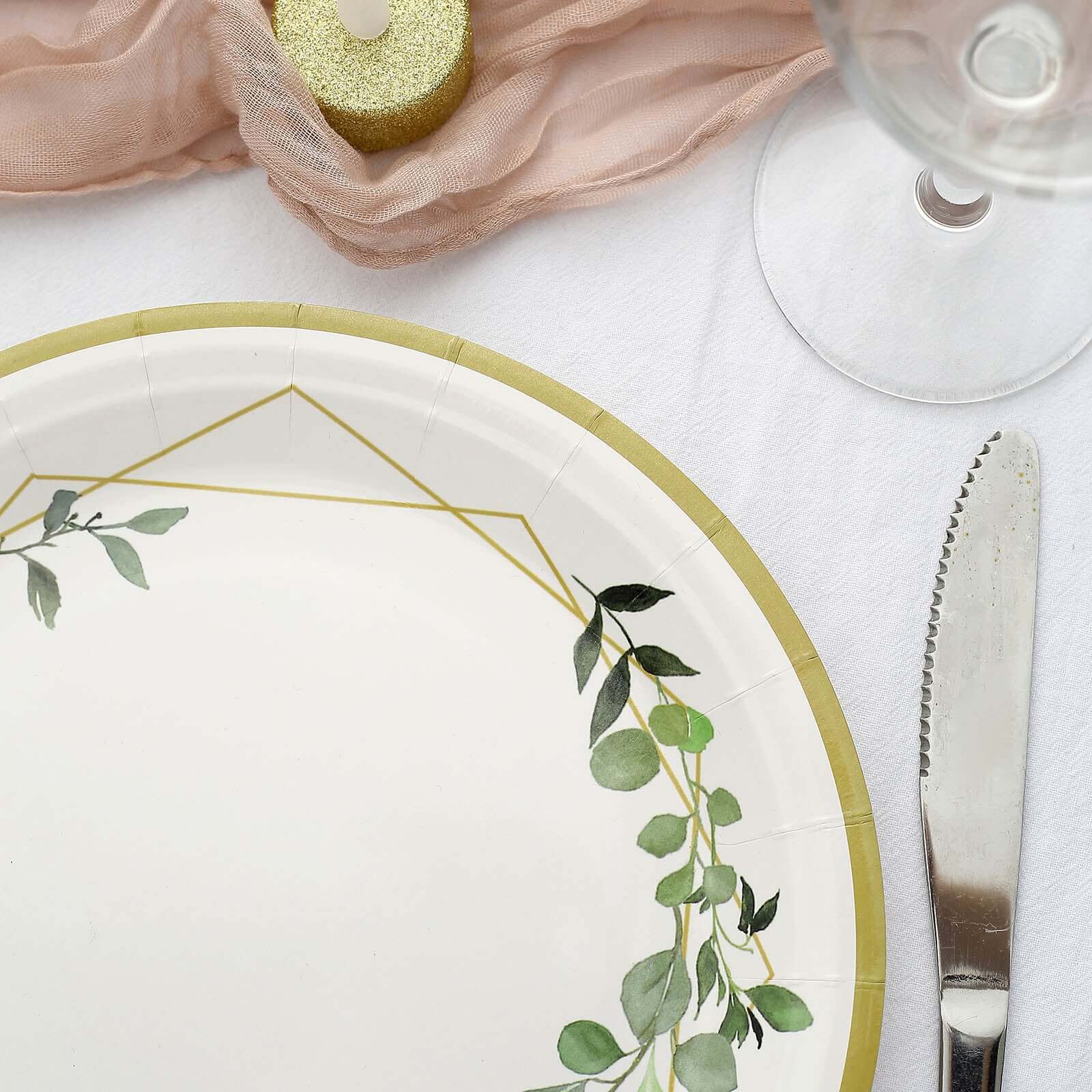 24-Pack Paper Round Dinner Plates 9" White with Eucalyptus Leaves & Gold Rim - 300GSM Disposable Party Plates for Garden Weddings & Celebrations - Image 11