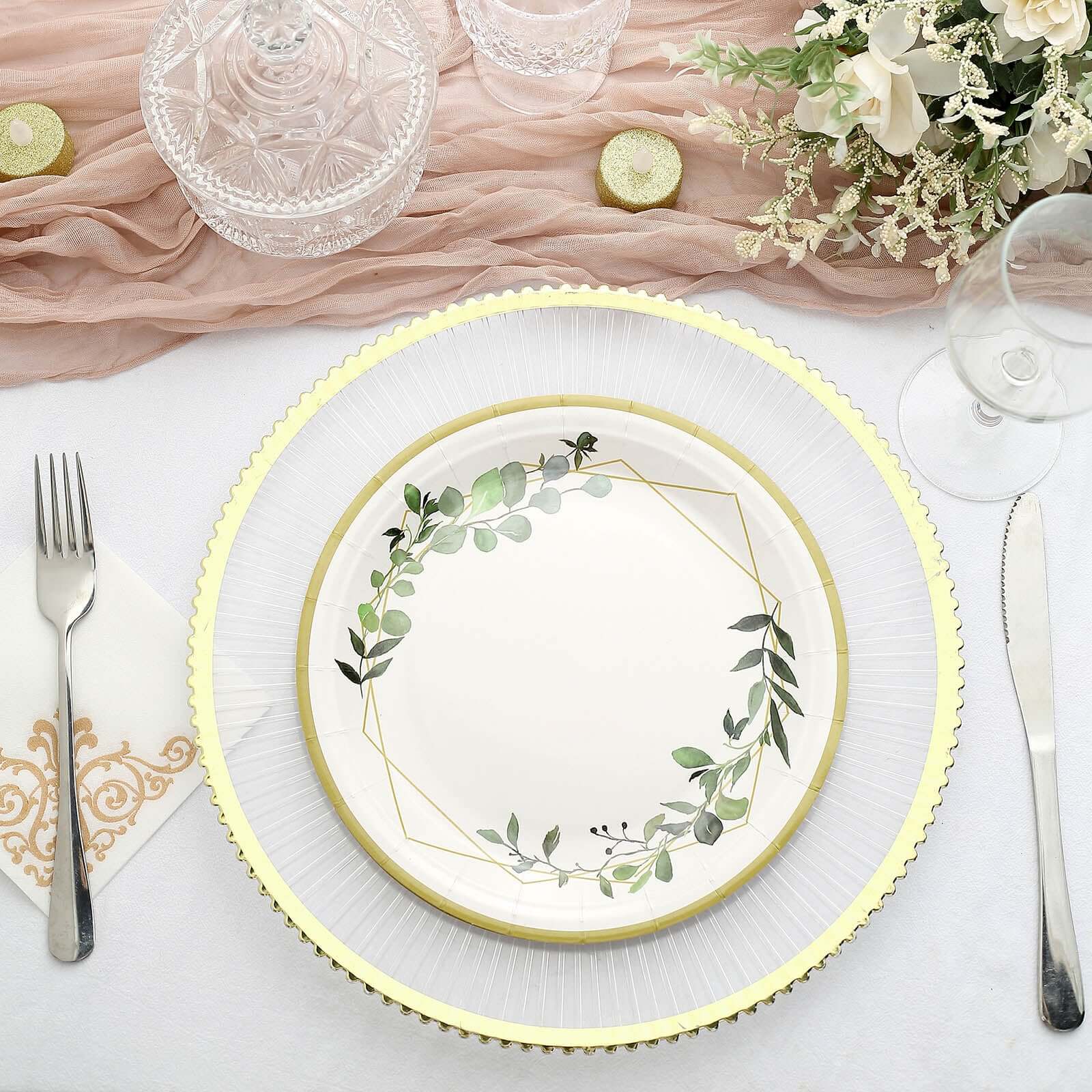24-Pack Paper Round Dinner Plates 9" White with Eucalyptus Leaves & Gold Rim - 300GSM Disposable Party Plates for Garden Weddings & Celebrations - Image 2