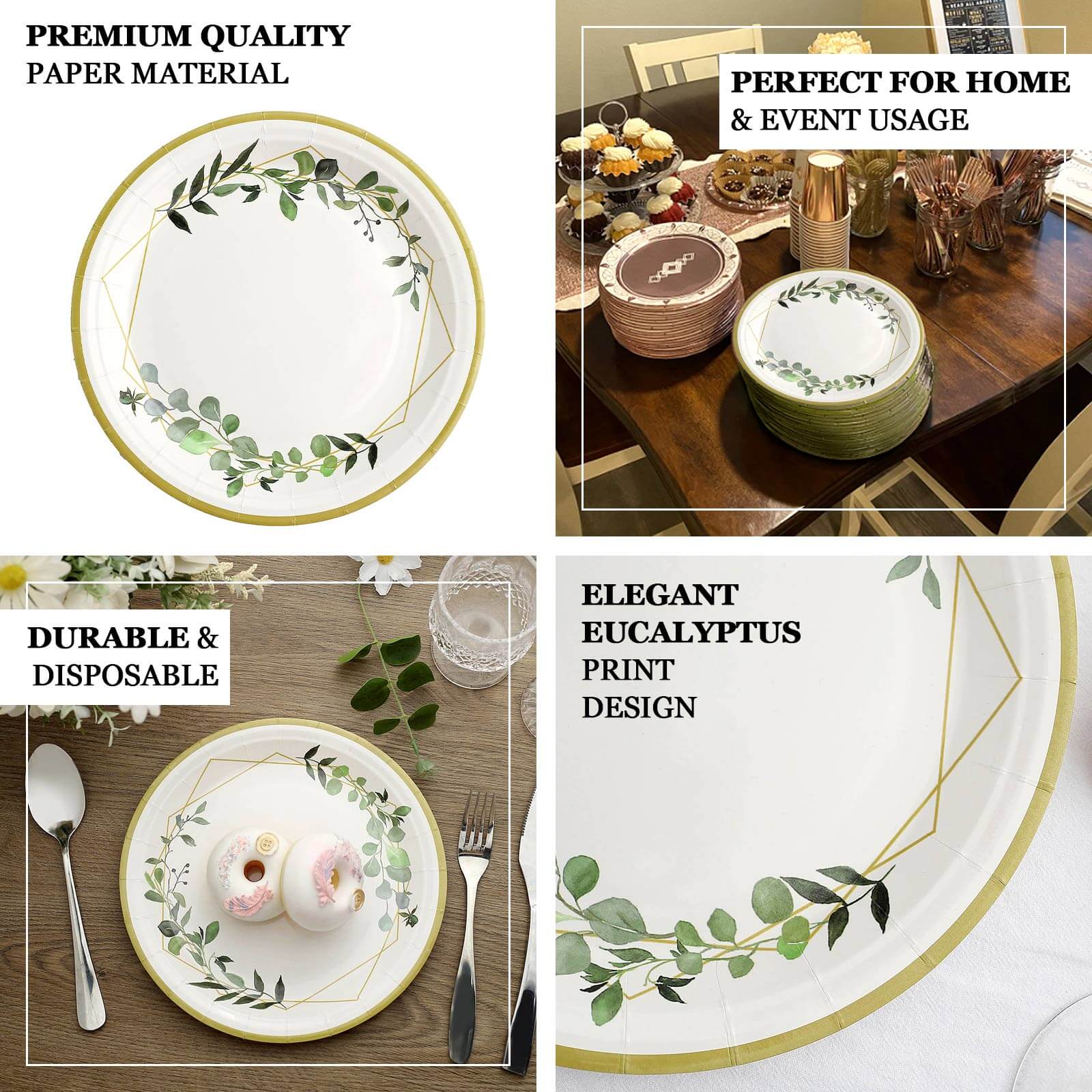 24-Pack Paper Round Dinner Plates 9" White with Eucalyptus Leaves & Gold Rim - 300GSM Disposable Party Plates for Garden Weddings & Celebrations - Image 4