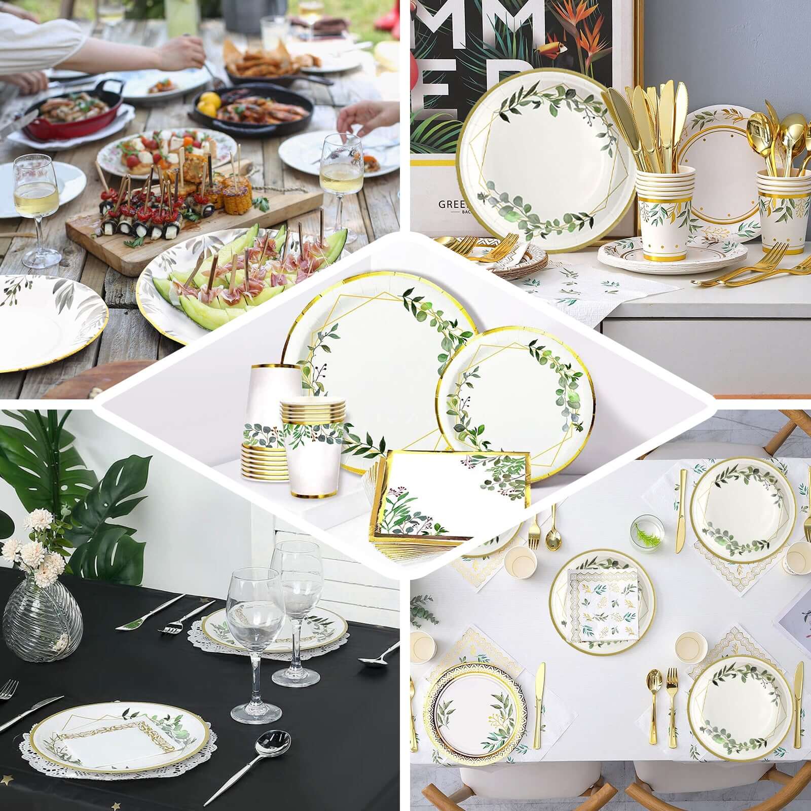 24-Pack Paper Round Dinner Plates 9" White with Eucalyptus Leaves & Gold Rim - 300GSM Disposable Party Plates for Garden Weddings & Celebrations - Image 5