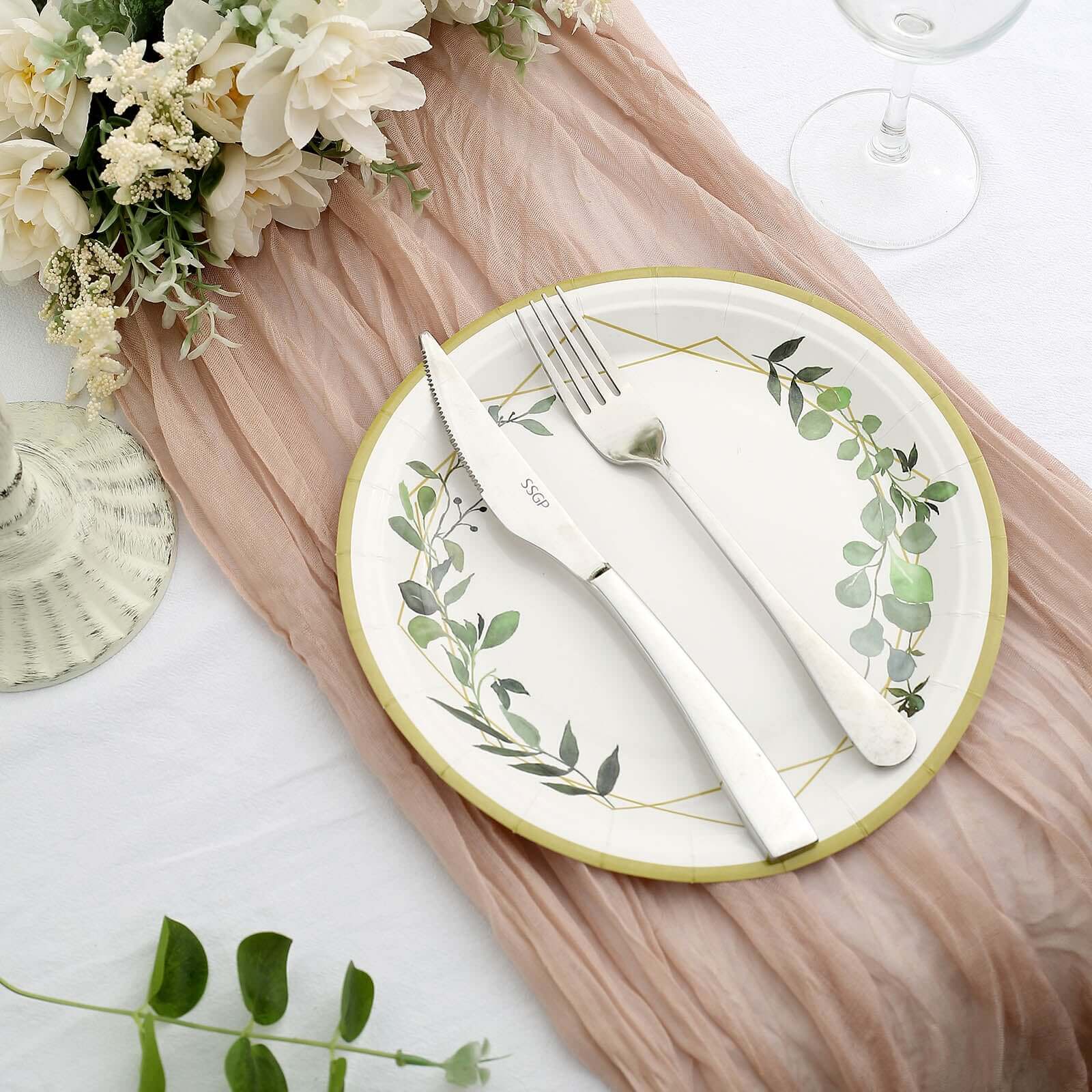 24-Pack Paper Round Dinner Plates 9" White with Eucalyptus Leaves & Gold Rim - 300GSM Disposable Party Plates for Garden Weddings & Celebrations - Image 9