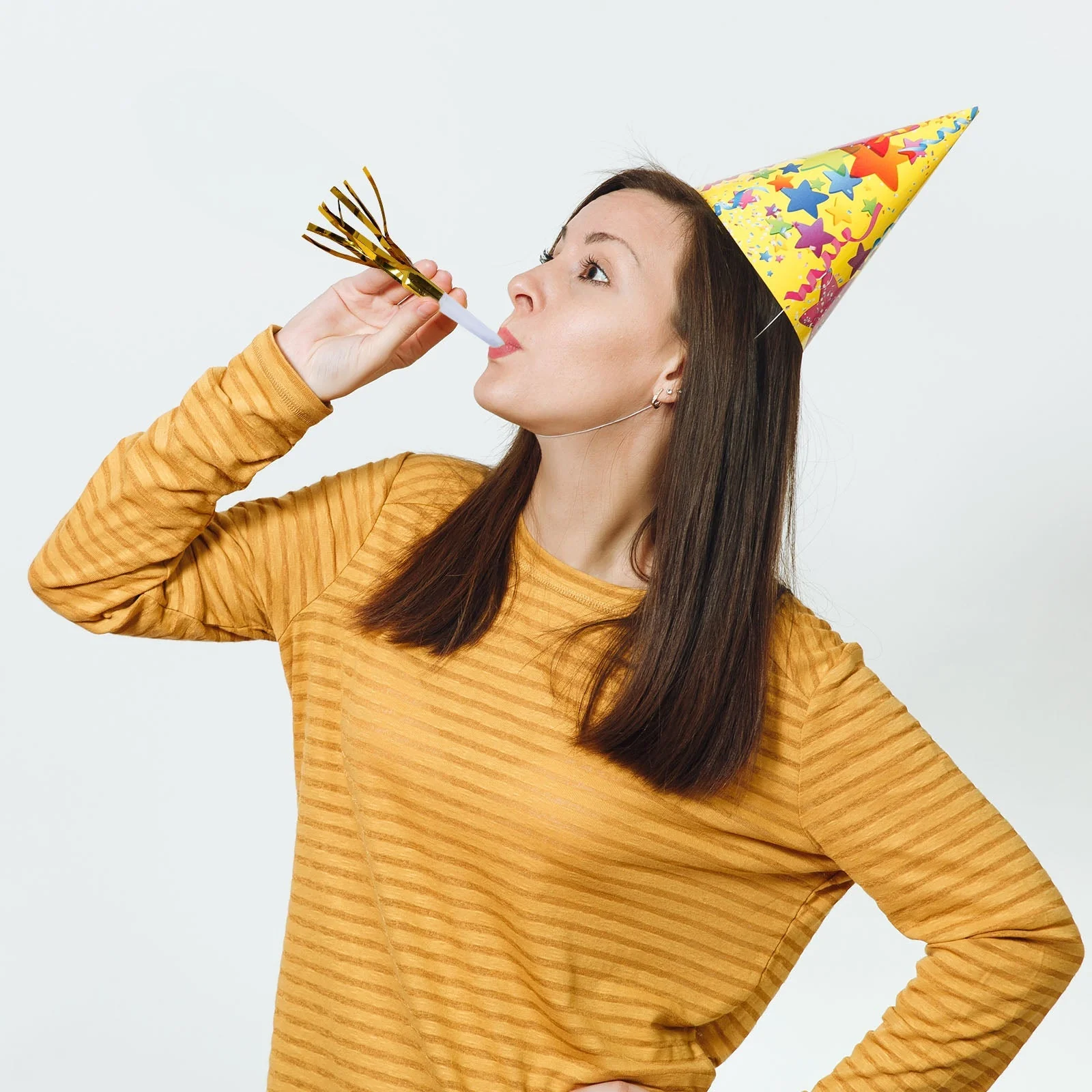 24 Pack Party Horn Noisemakers with Tassels - Gold Metallic Fringed Blowouts for Events and Gatherings - Plastic & Foil Design, 7"
