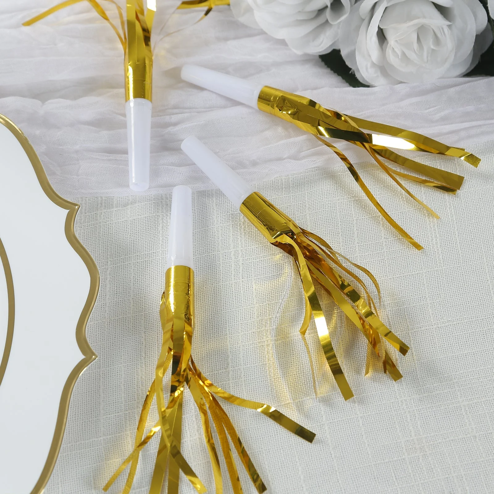 24 Pack Party Horn Noisemakers with Tassels - Gold Metallic Fringed Blowouts for Events and Gatherings - Plastic & Foil Design, 7" - Image 4