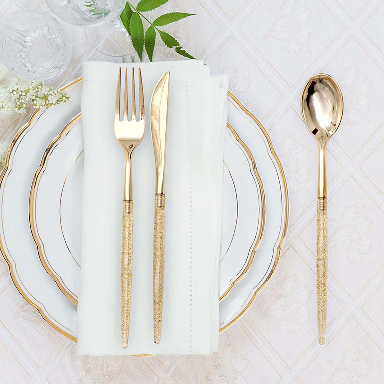 24-Pack Plastic Cutlery Set 8" Gold Glittered - Disposable Silverware-Pack for Parties