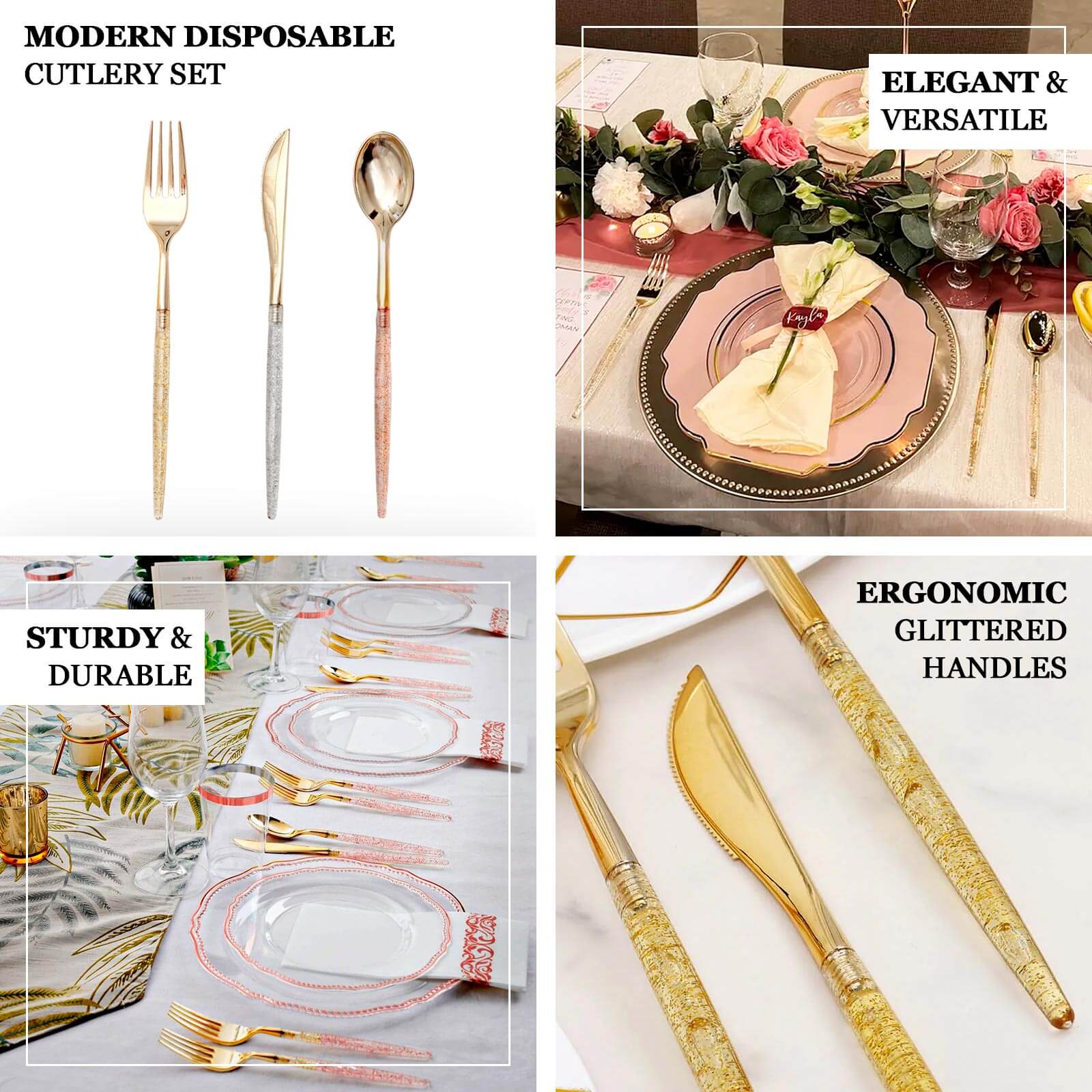 24-Pack Plastic Cutlery Set 8" Gold Glittered - Disposable Silverware-Pack for Parties - Image 4