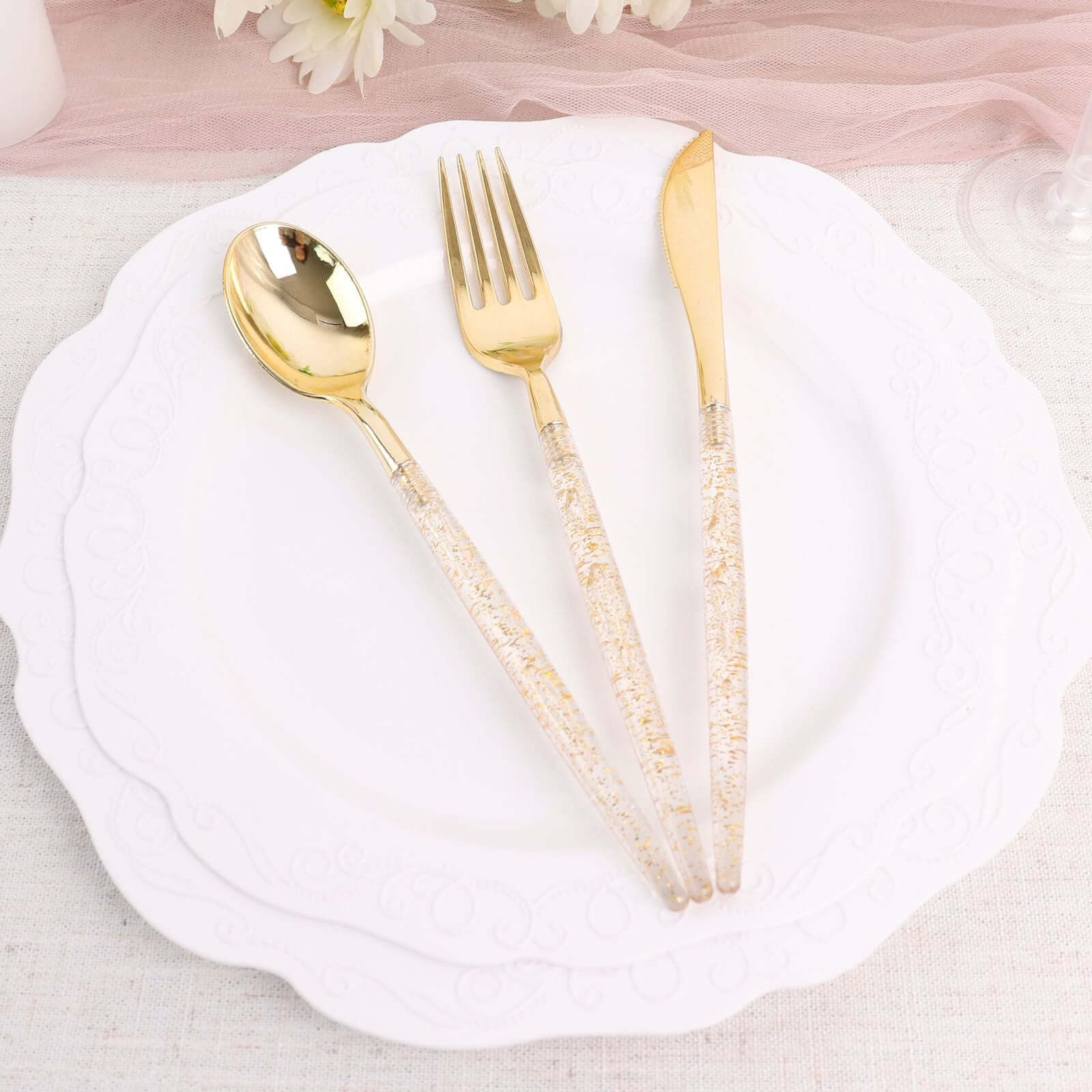 24-Pack Plastic Cutlery Set 8" Gold Glittered - Disposable Silverware-Pack for Parties - Image 6