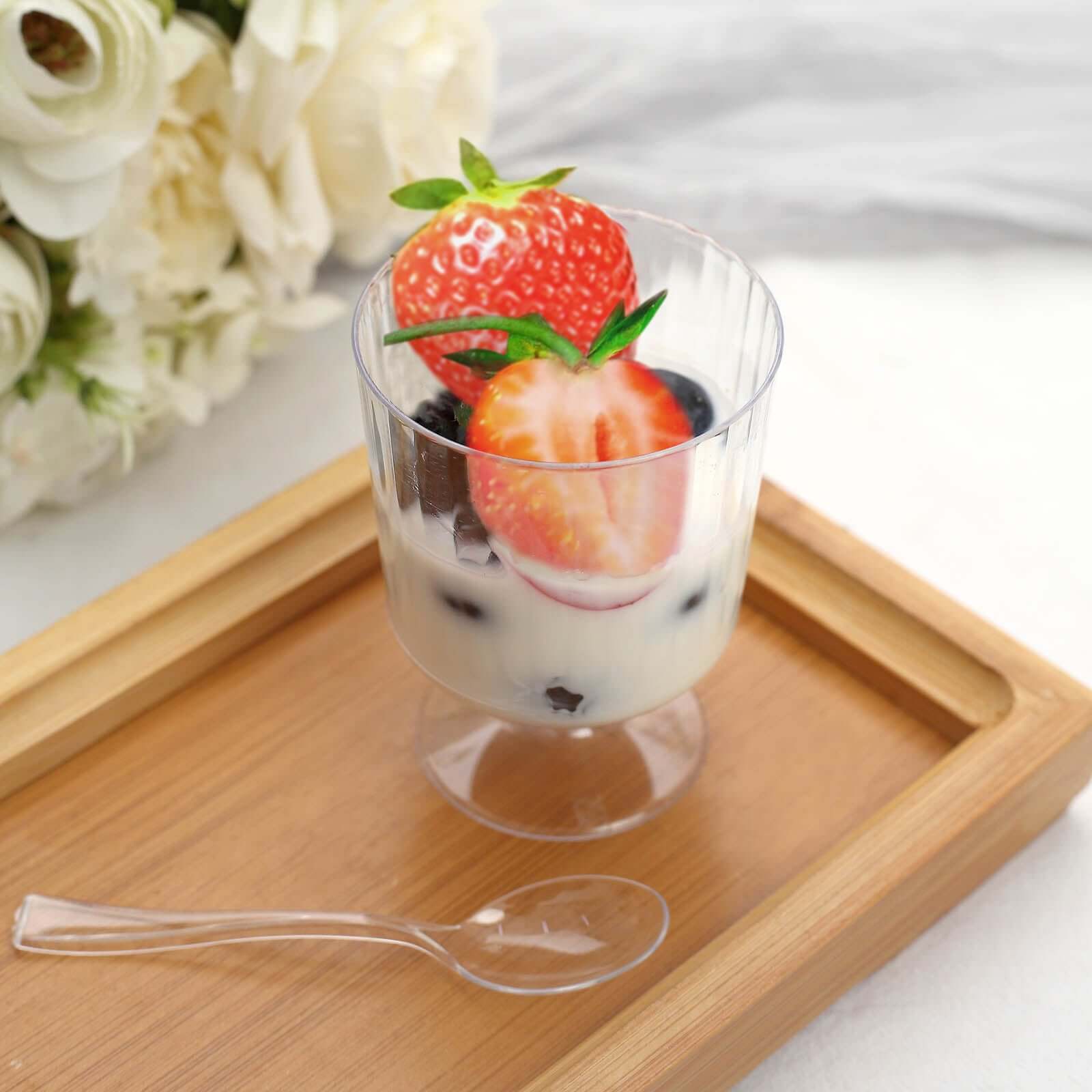 24-Pack Plastic Dessert Cups 5oz Clear Ribbed Design with Pedestals - Disposable Mini Snack Cup and Spoon Set for Sundaes, Parfaits & Mousses - Image 2