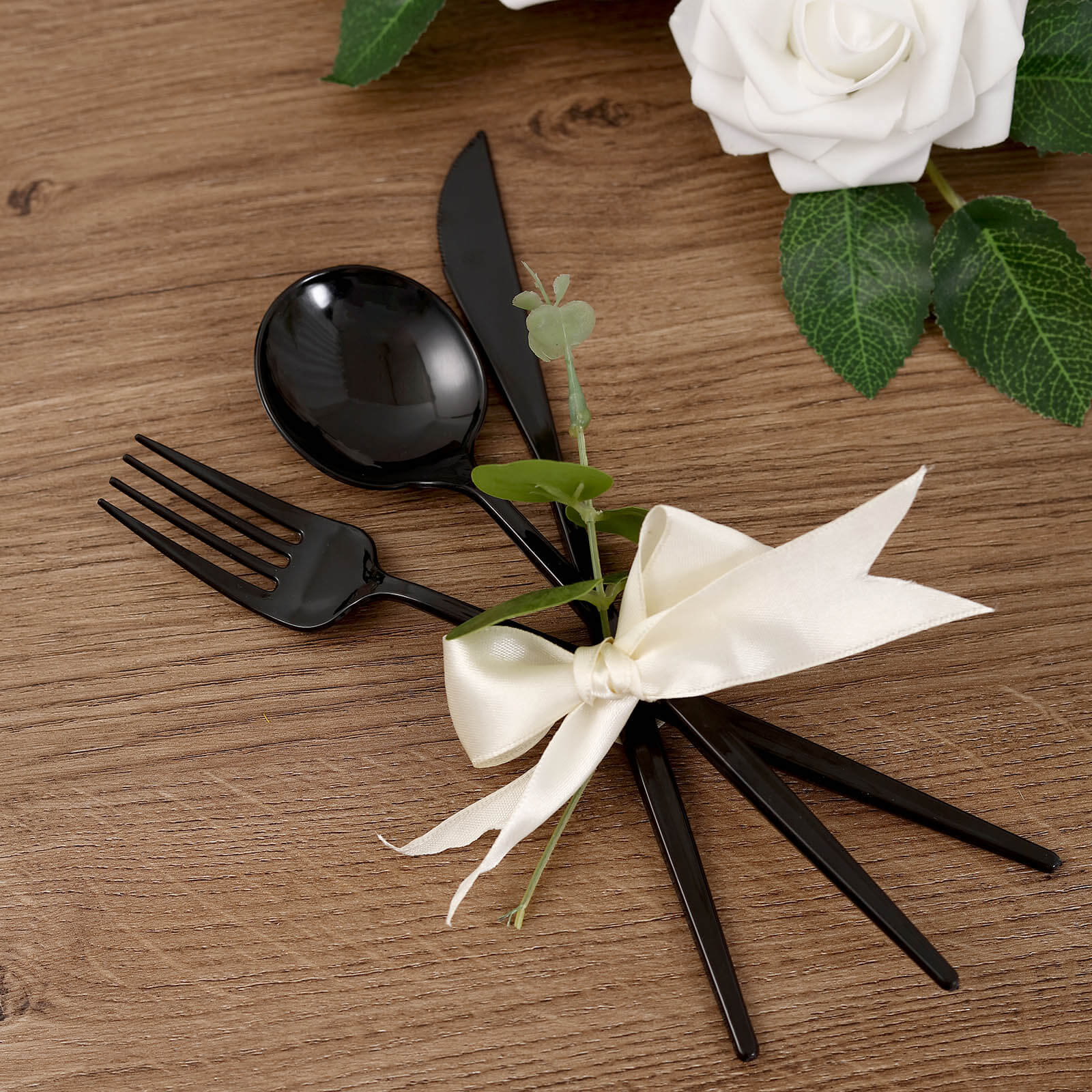 24-Pack Plastic Flatware Set 8" Black with Sleek Modern Design - Premium Disposable Silverware - Image 2