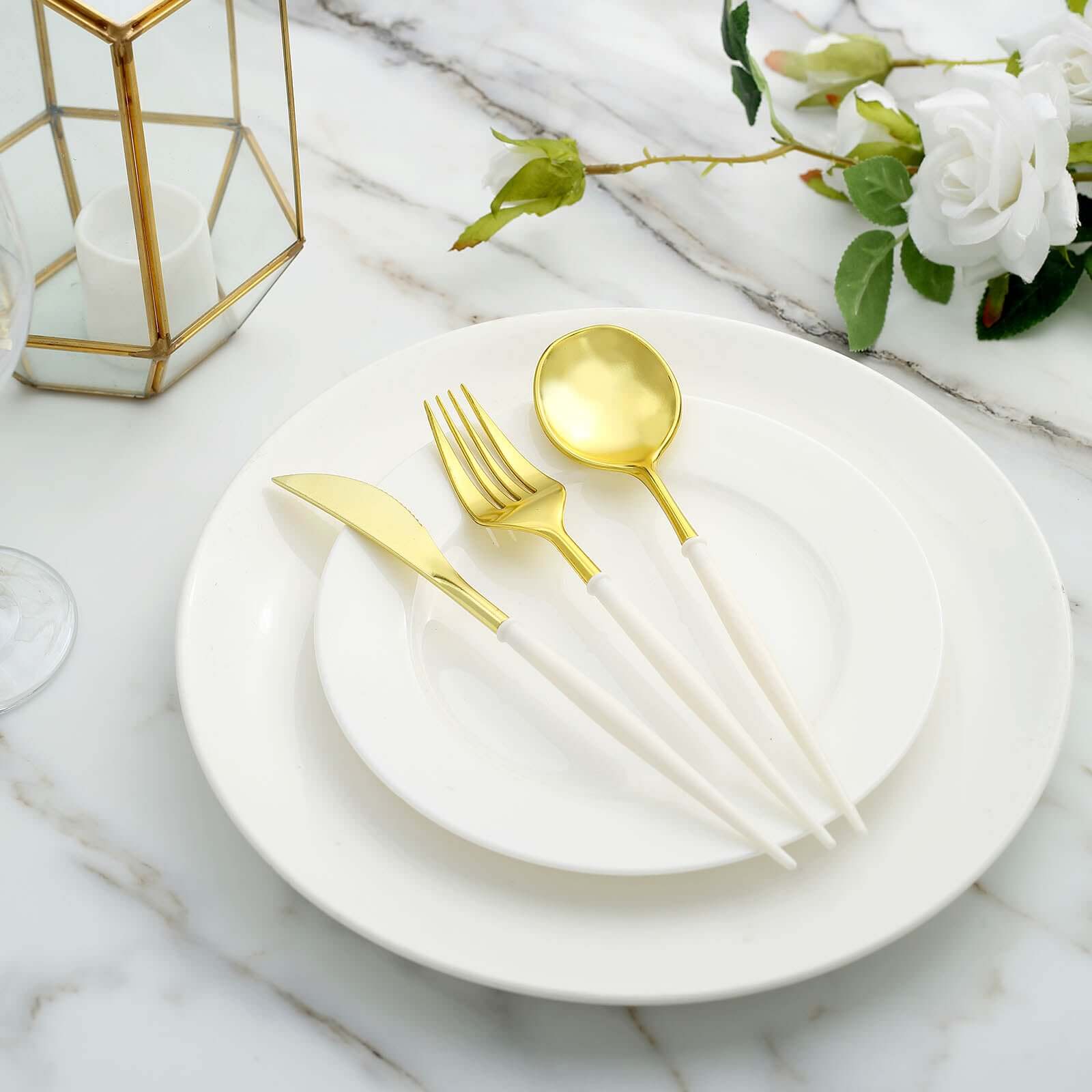 24-Pack Plastic Flatware Set 8" Gold with Ivory Handle - Modern Heavy Duty Disposable Silverware - Image 7
