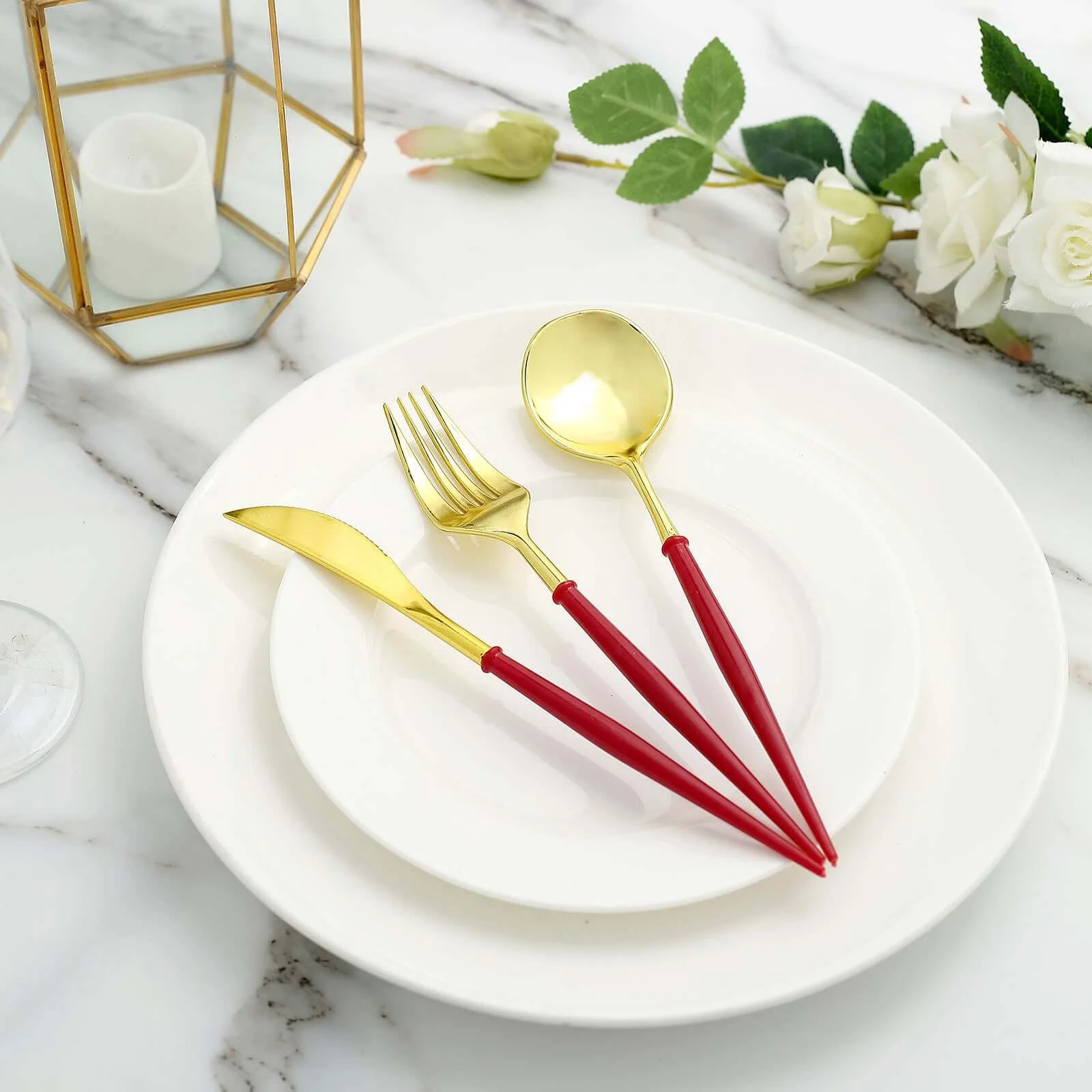 24-Pack Plastic Flatware Set 8" Gold with Red Handle - Modern Heavy Duty Disposable Silverware - Image 7